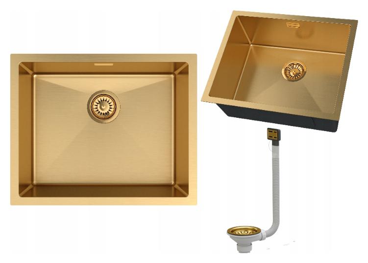 Ocelový Dřez Pod Desku, Jedna Komora, Zlatý Kuchyňský Sifon SILVO54