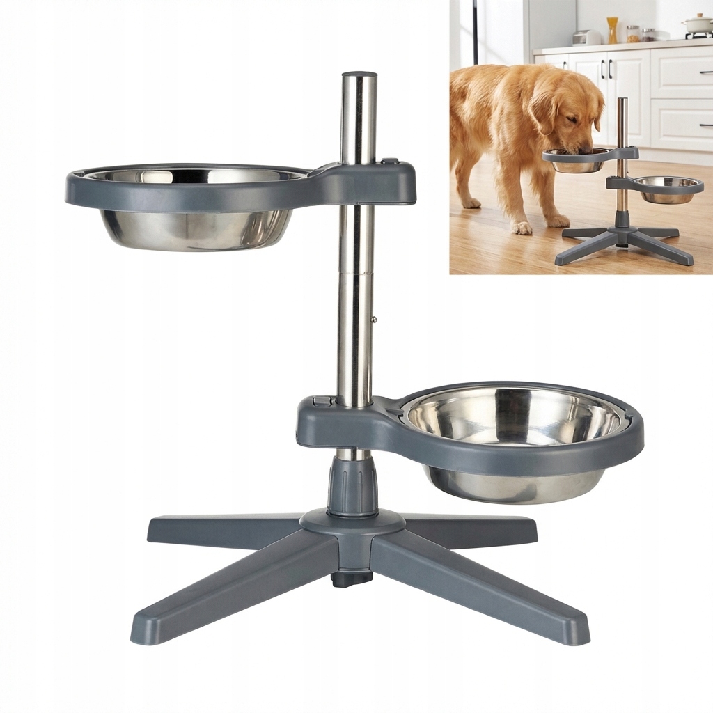 Levně Šedá dvojitá nerezová miska pro psy, nastavitelná, protiskluzová, S 700 ml