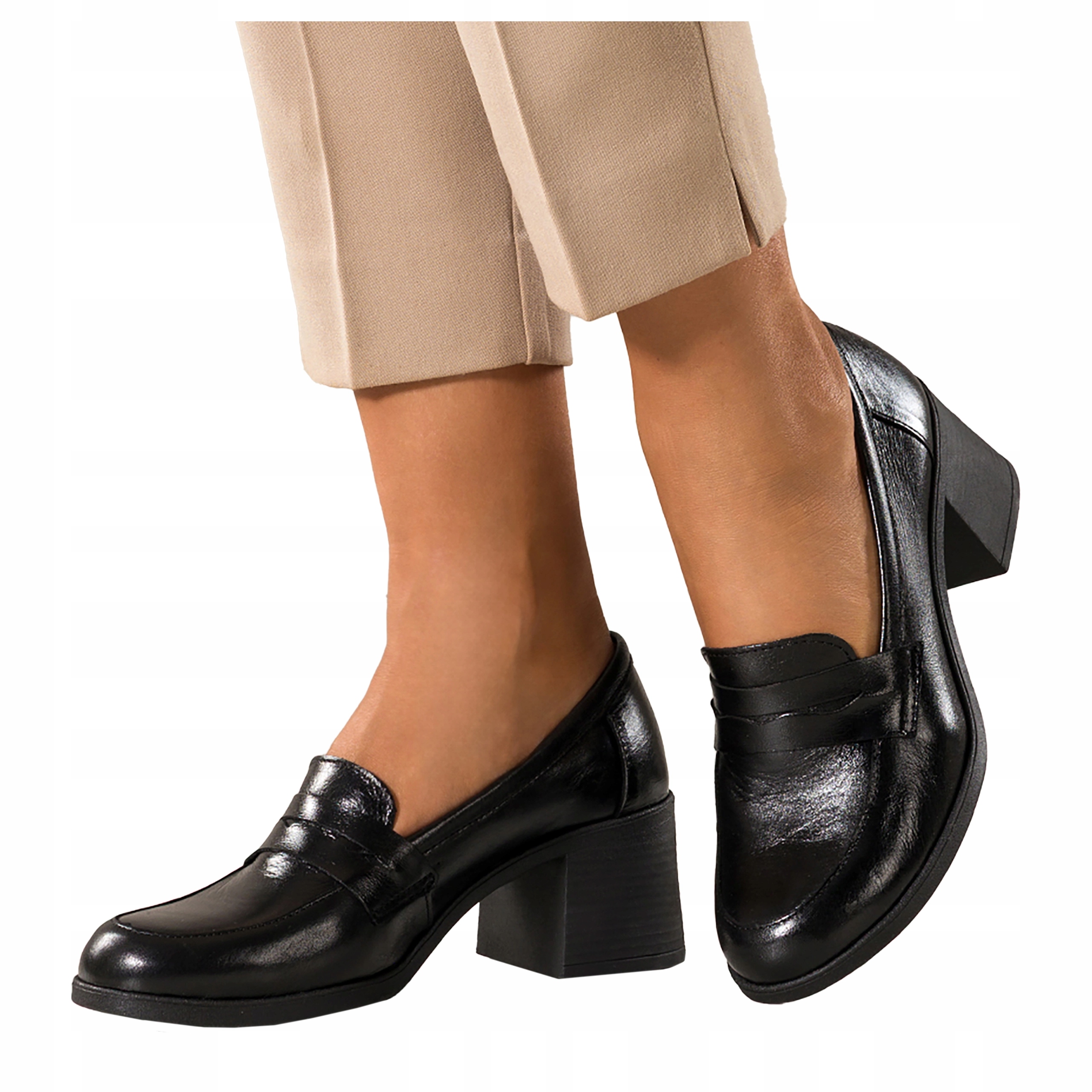 Mokasíny Dámské Černé Kožené Lakované Podpatky Klocek Elegantní vel 38