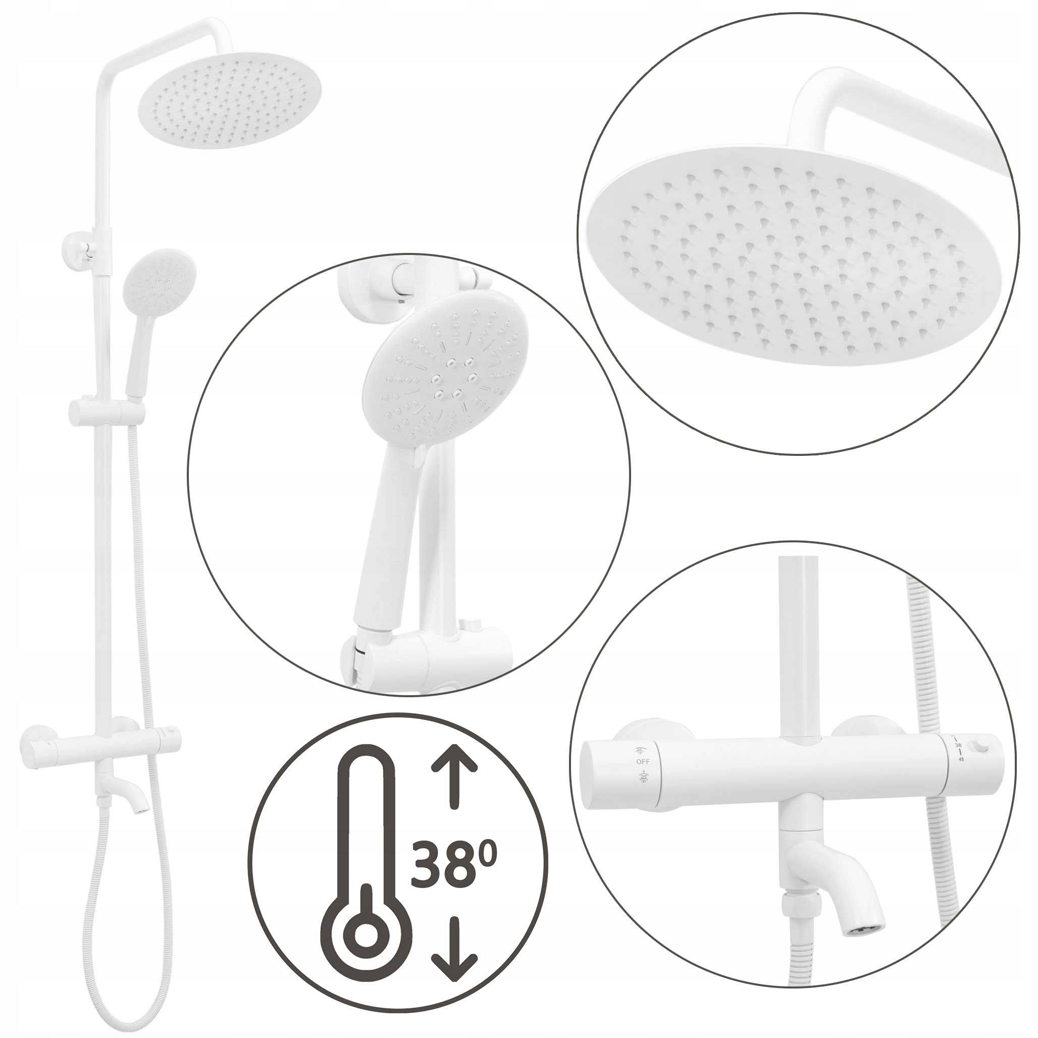 Nástenná sprchová súprava Biely Lungo Termostat Dažďová sprcha Výtok