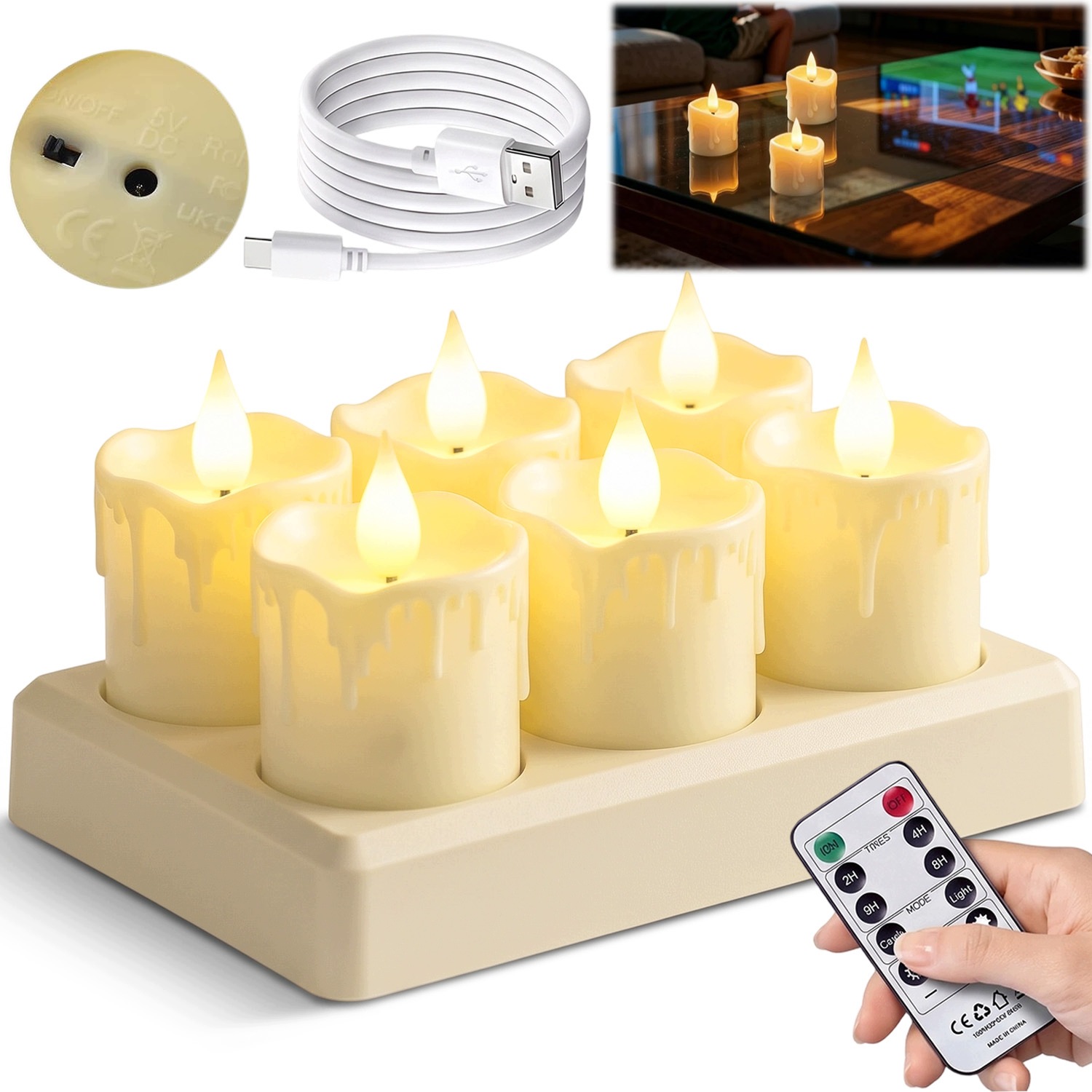 Led Čajové Svíčky Akumulátorové 6 Ks Usb Nabíjení S Nabíjecí Stanicí