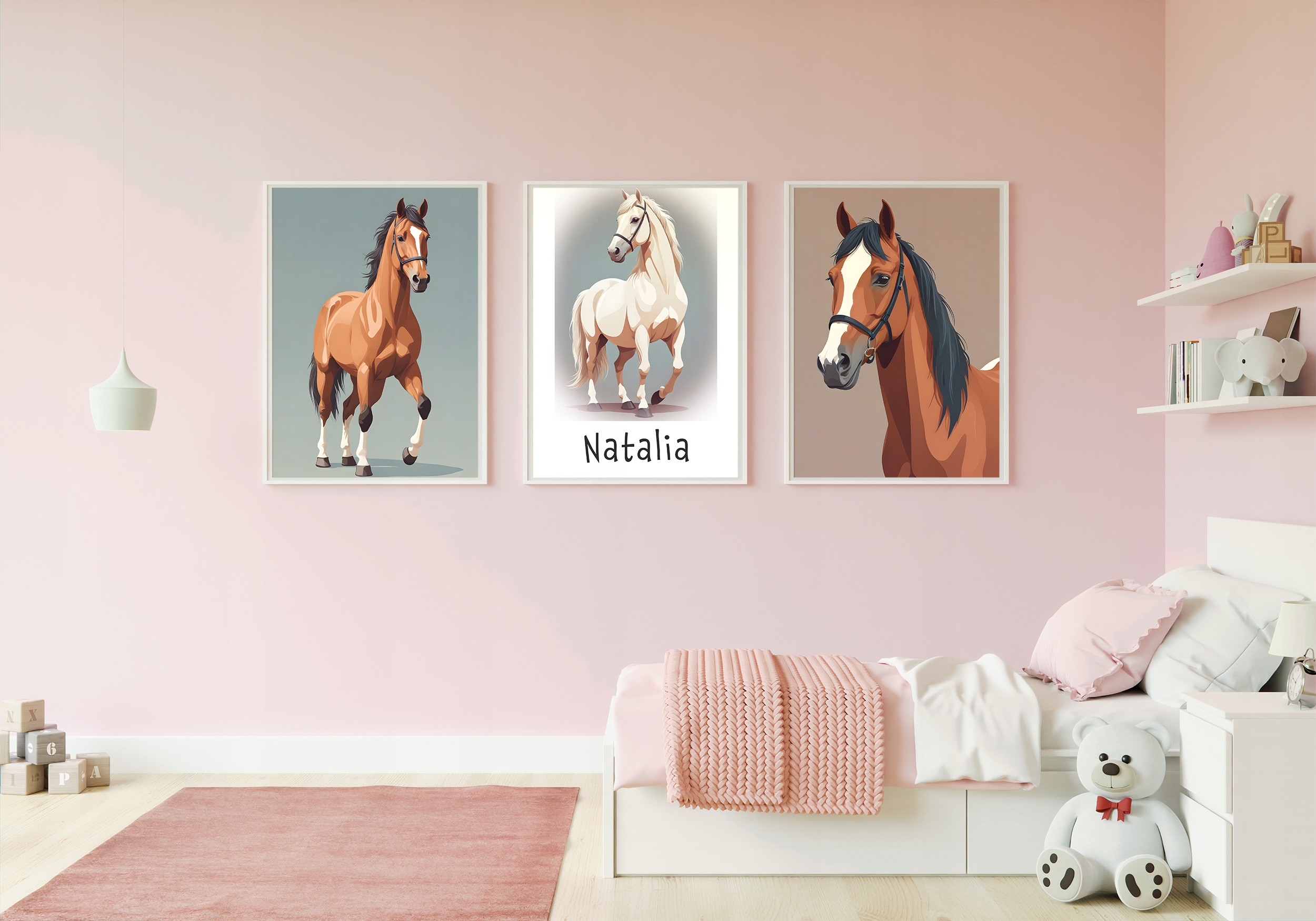 3 OBRAZKI DO POKOJU DZIECIĘCEGO A4 PLAKATY KONIE KONIKI PREZENT IMIE Długość (cm) 30 cm