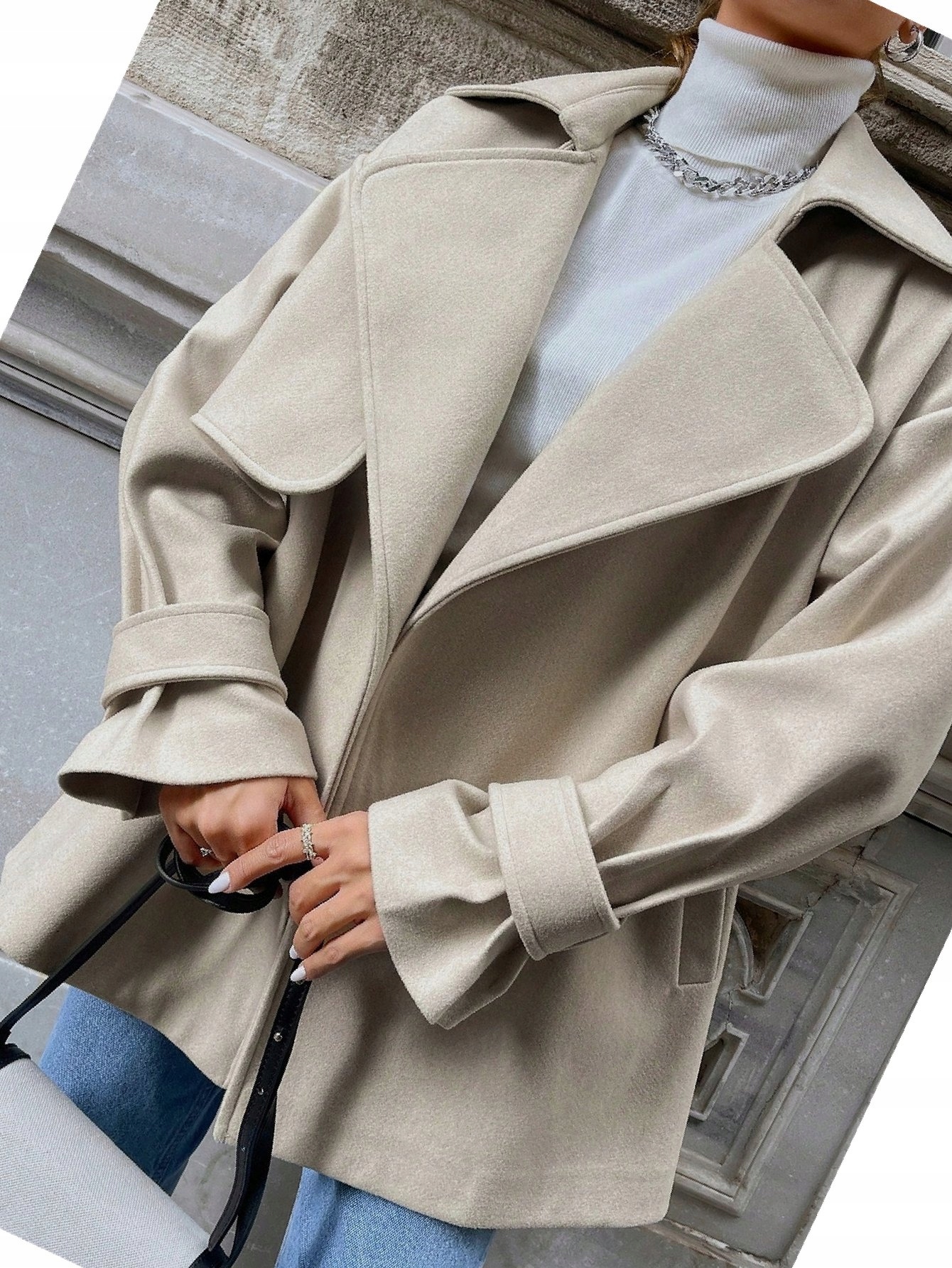Dámský krémový kabát Oversize s límcem Casual Bavlněný k bokům L