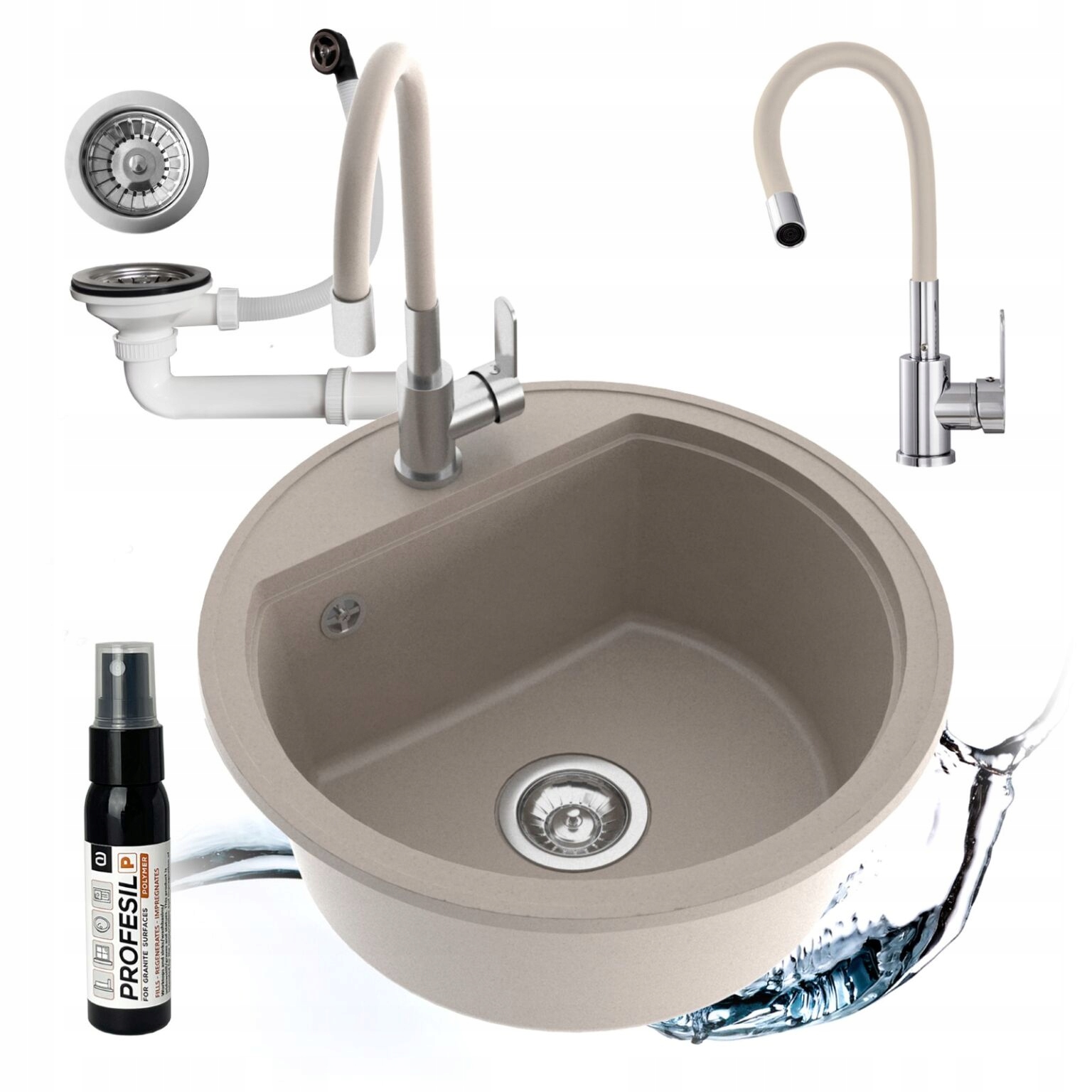 Granitový Drez, Jednokomorový, Okrúhly, Sada Batérií, Flexibilný Sifón