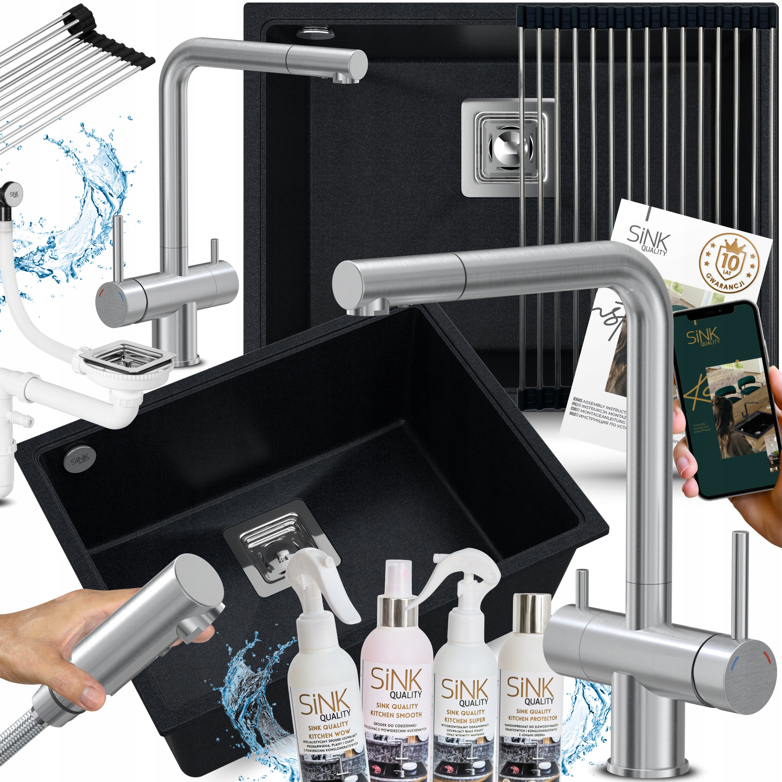 Granitový podvěsný dřez s podstavnou deskou, Lesklý třícestná baterie