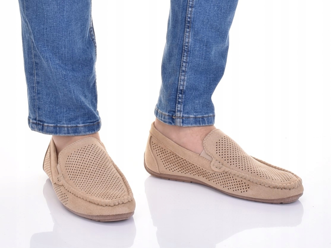 MOKASYNY MĘSKIE ZAMSZOWE BUTY CASUAL AŻUROWE BEŻOWE Długość wkładki 27 cm