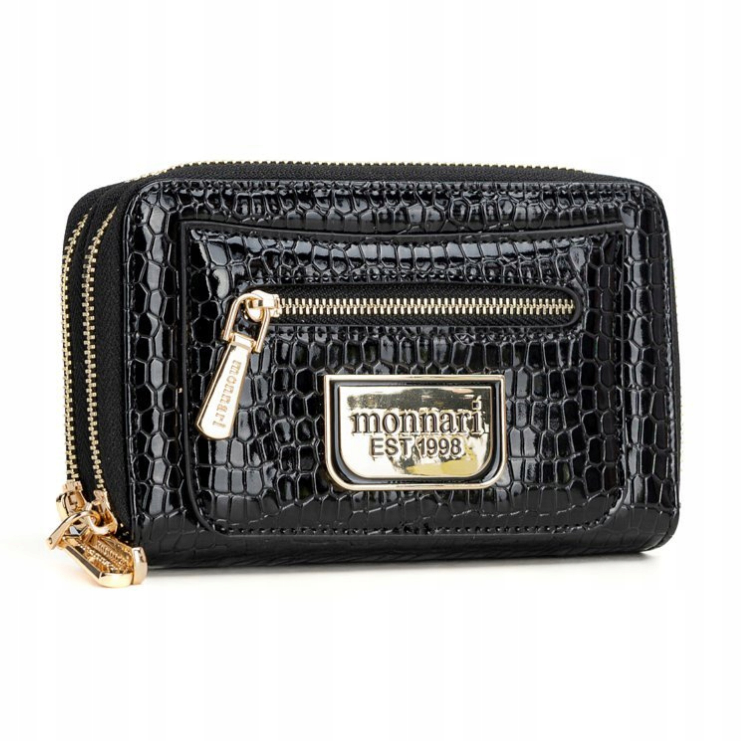 Monnari Portfel Damski Lakierowany Czarny Wąż Pojemny Skóra Eko
