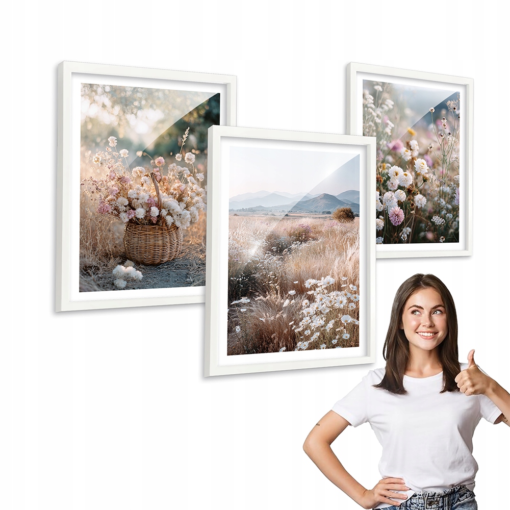 Sada 3 obrazů Boho Polní Květiny bílý rámeček 50x70 triptych do kuchyně