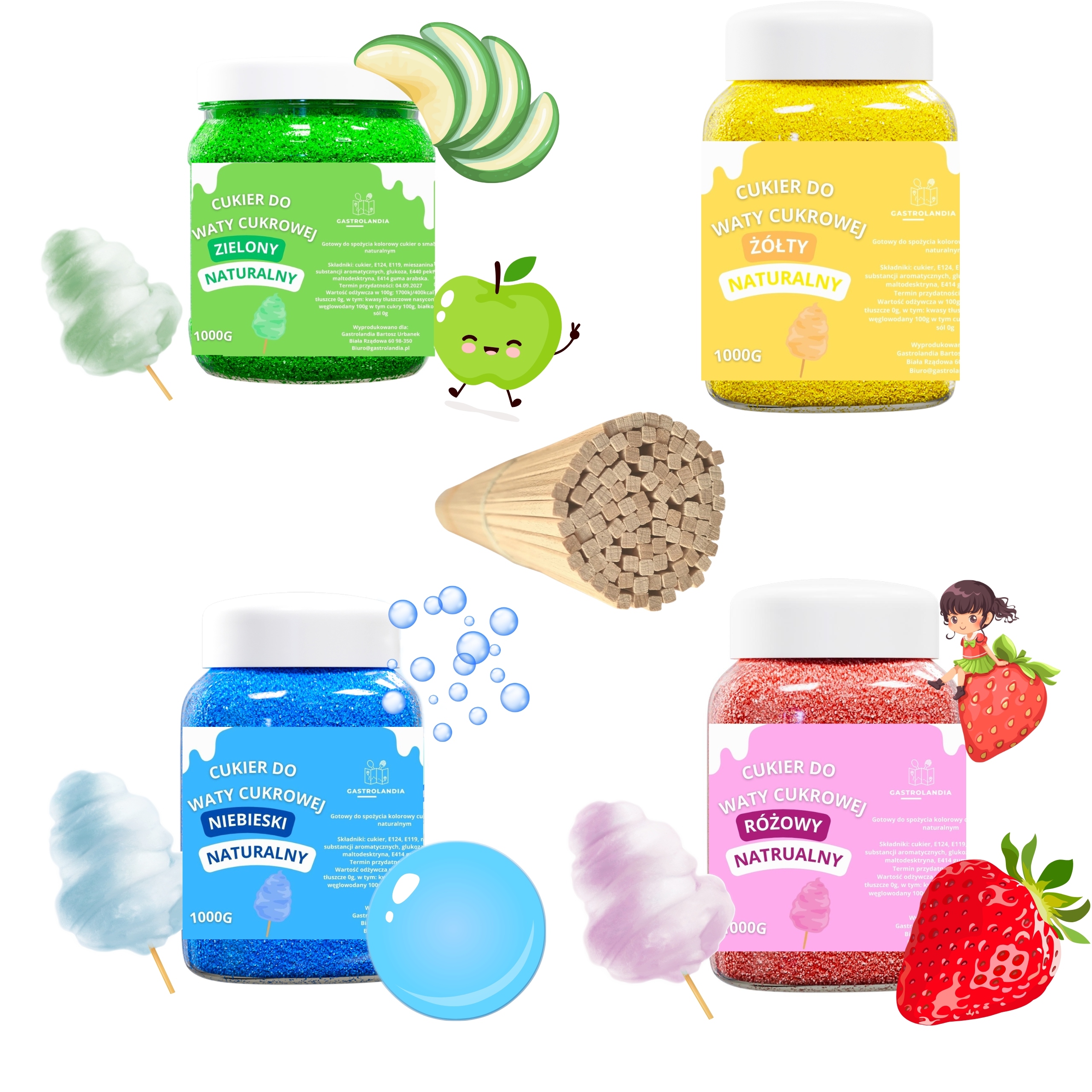 Sada Cukr na cukrovou vatu 4 x 1 kg tyčinky na vatu 38 Cm 100