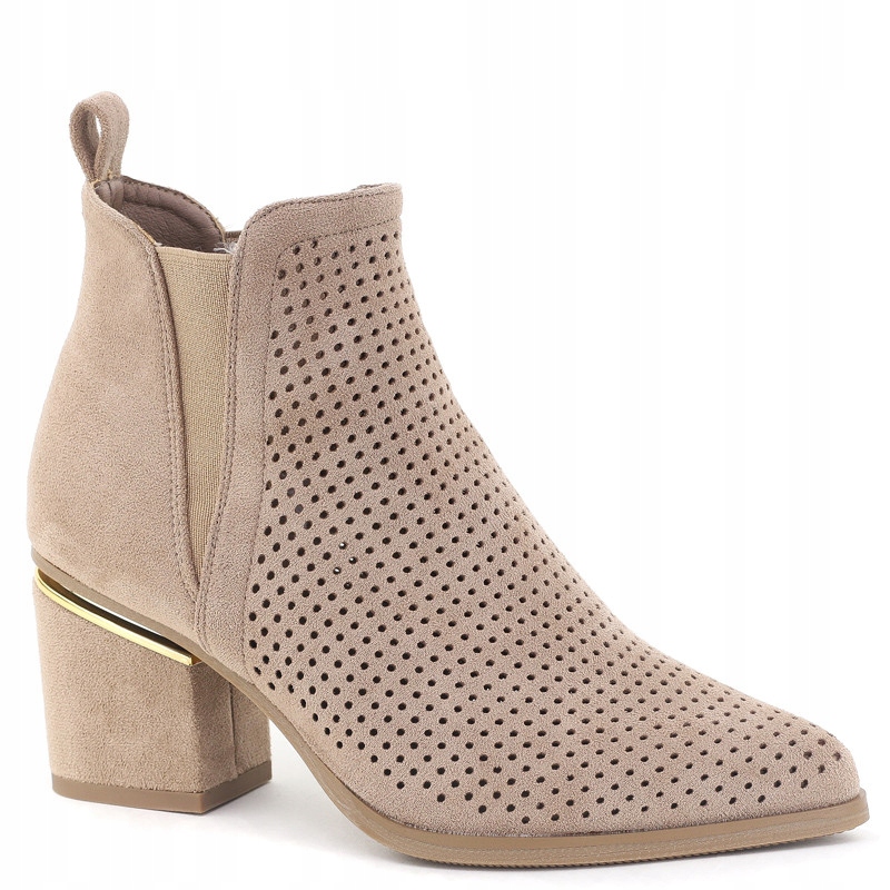 Khaki béžové kotníkové boty na podpatku s ažurovými zasouvacími gumičkami