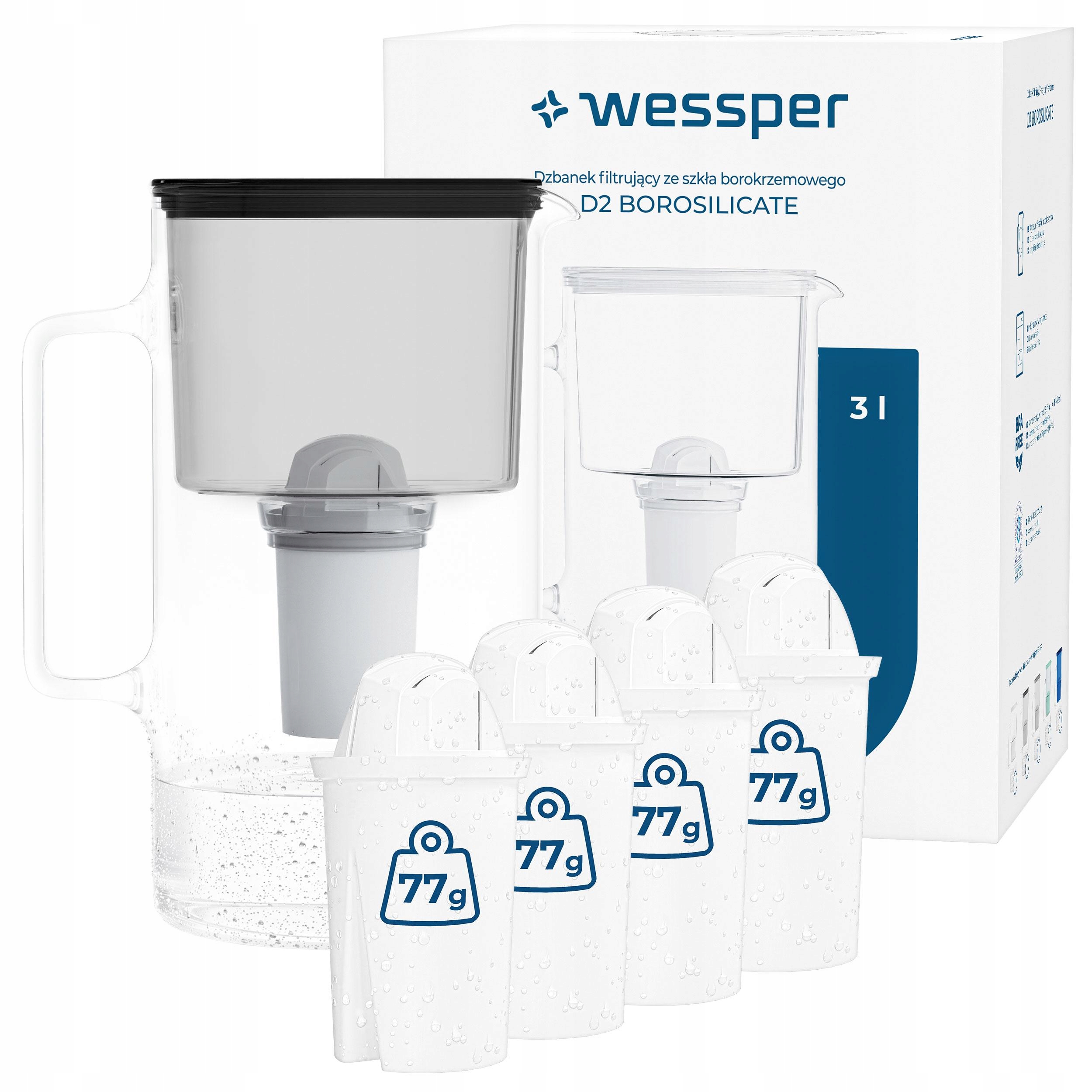 Dzbanek filtrujący szklany Wessper D2 Borosilicate 3l 5 filtr AquaClassic