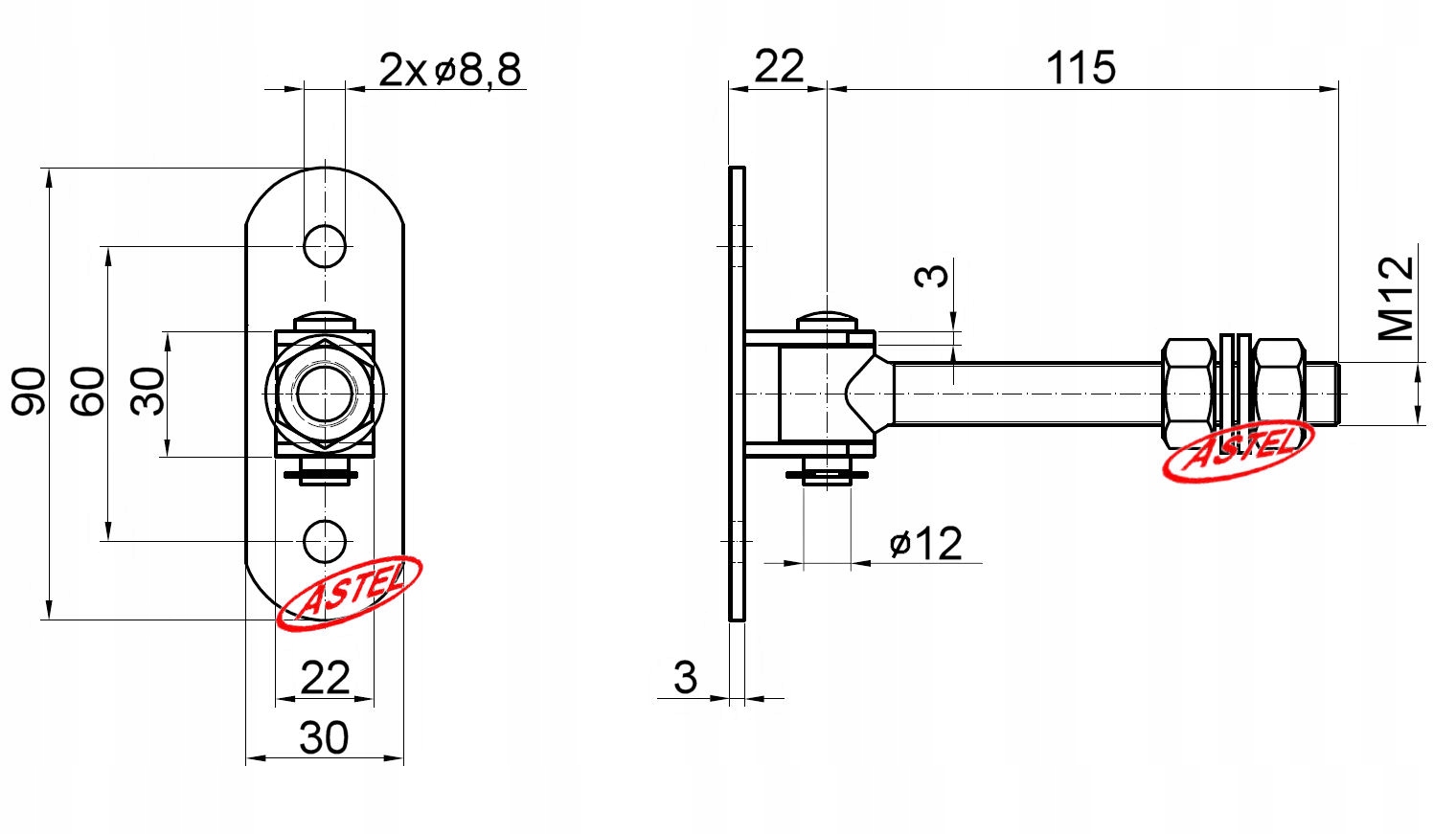 Zawias regulowany M12 do Furtki Bramy - Pakiet 4 szt.. Marka Astel