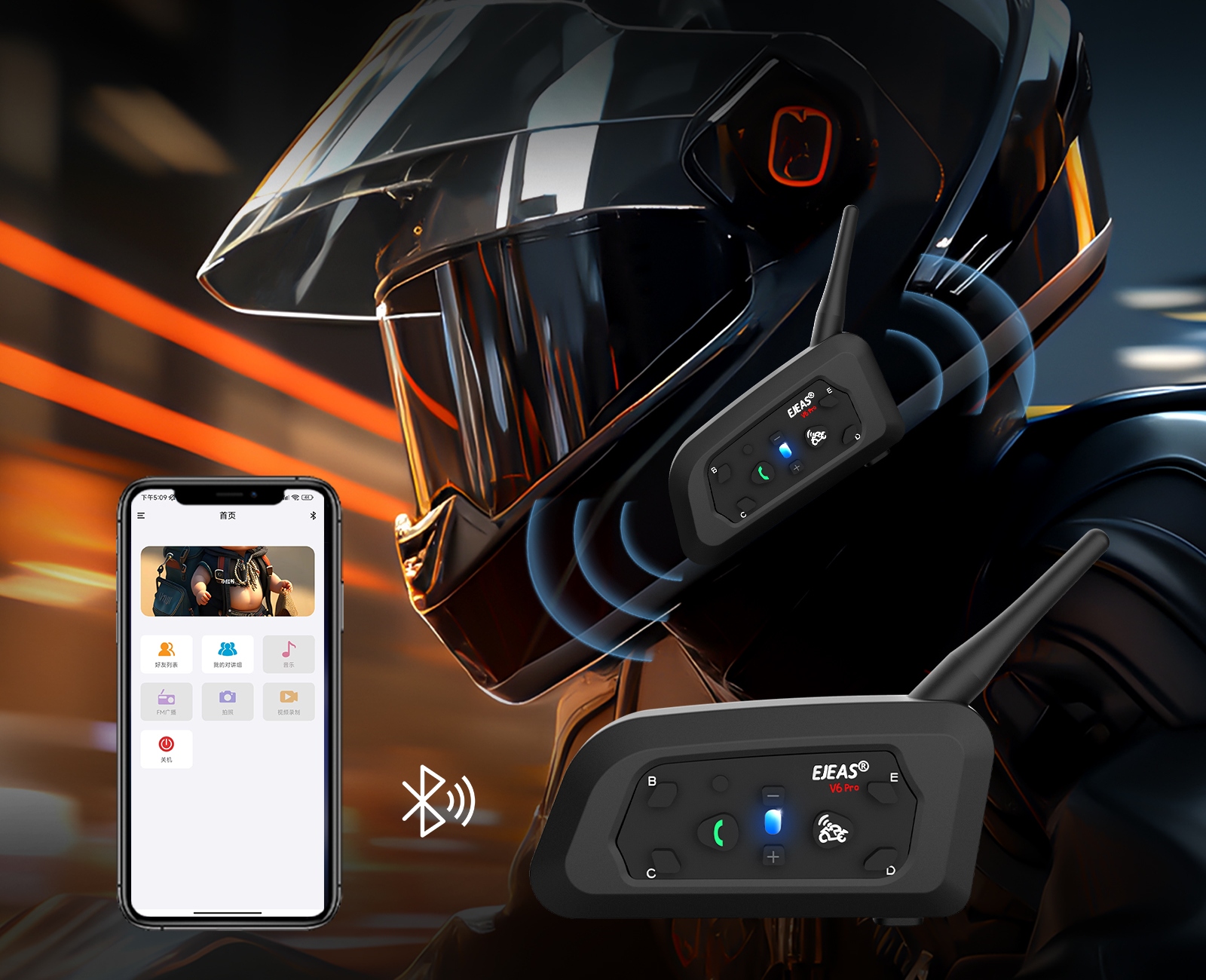 INTERKOM INTERCOM MOTOCYKLOWY EJEAS V6 PRO+ NOWA WERSJA 2024 1200M Czas ładowania 2.5 h