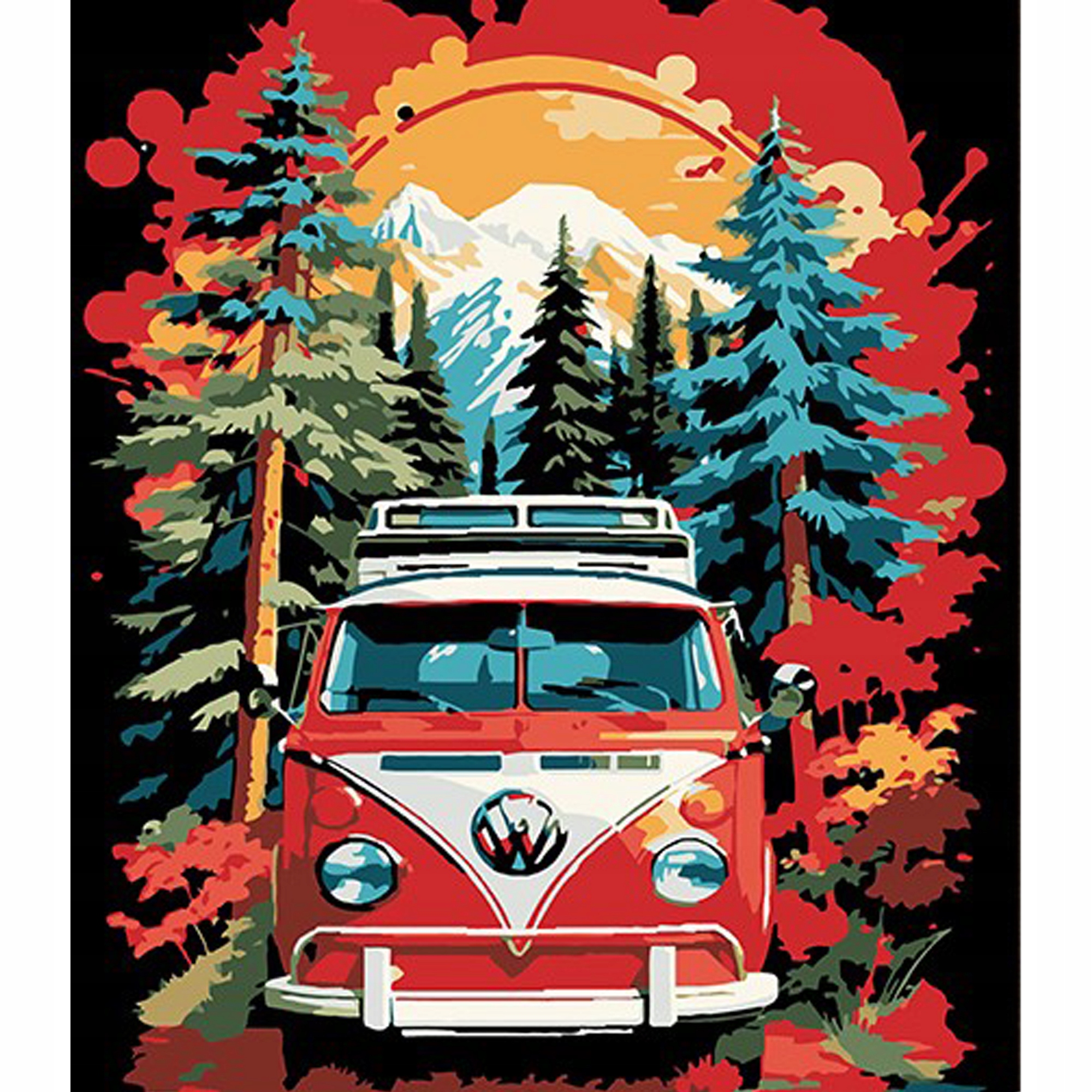 malování podle čísel Na Černém Pozadí, Hippie bus Cesta 30x40 jako dárek