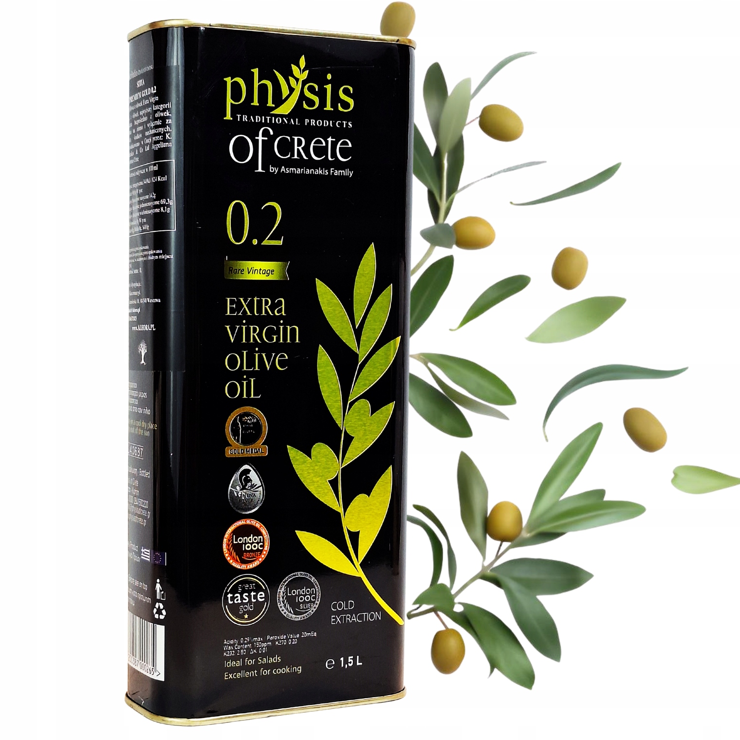 Grecka Oliwa z Oliwek Extra Virgin 1,5 L Koroneiki 0,2% Physis of Crete