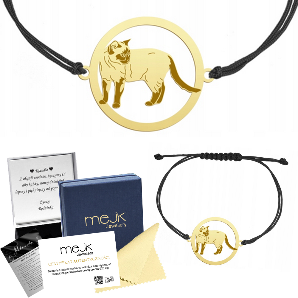 Zlatý náramek Thajská kočka 925 Šňůrka Dárek Šperky Gravírování