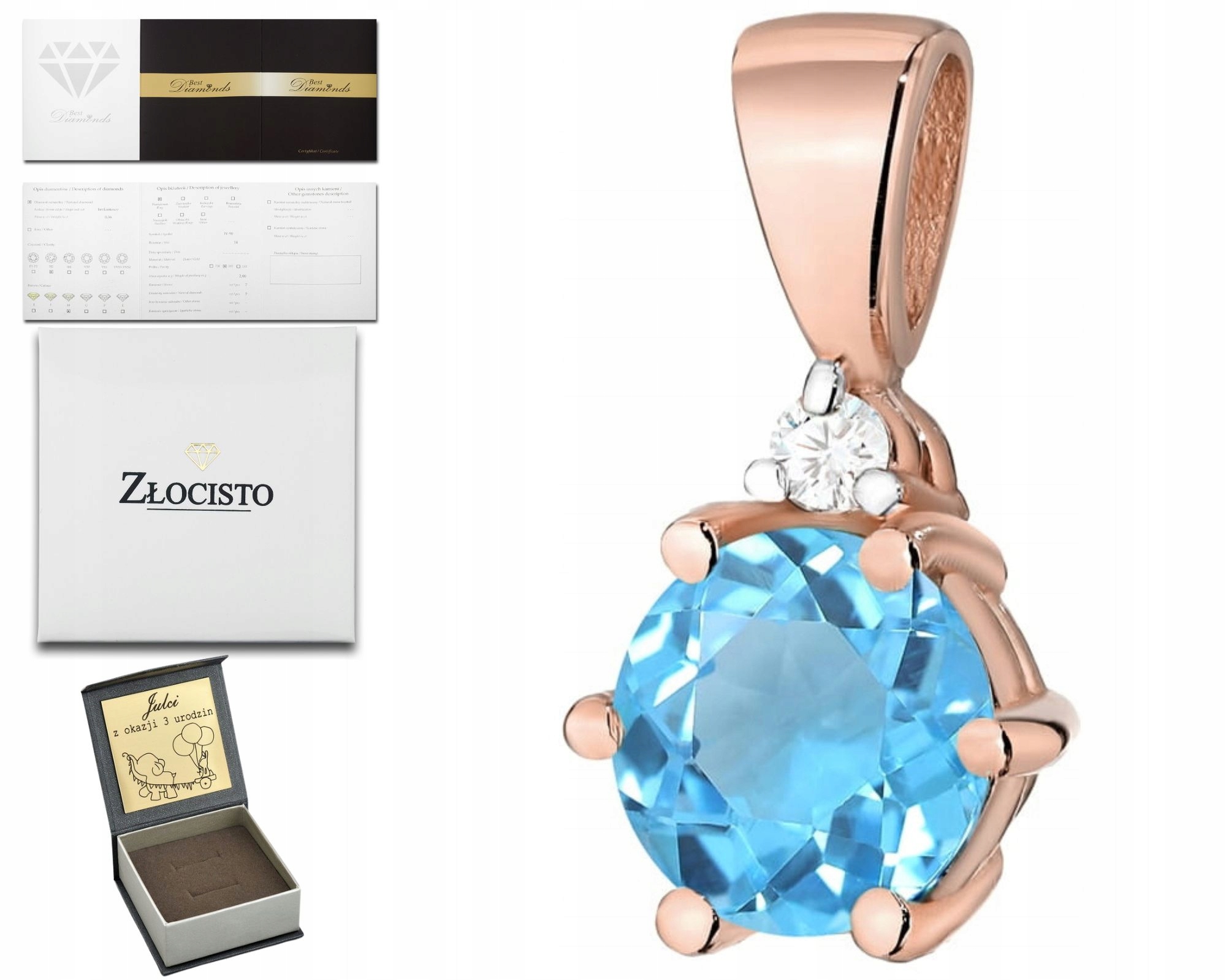 Růžové Zlato Přívěsek Mořský Briliant Topaz Přírodní Kámen Dárek 585