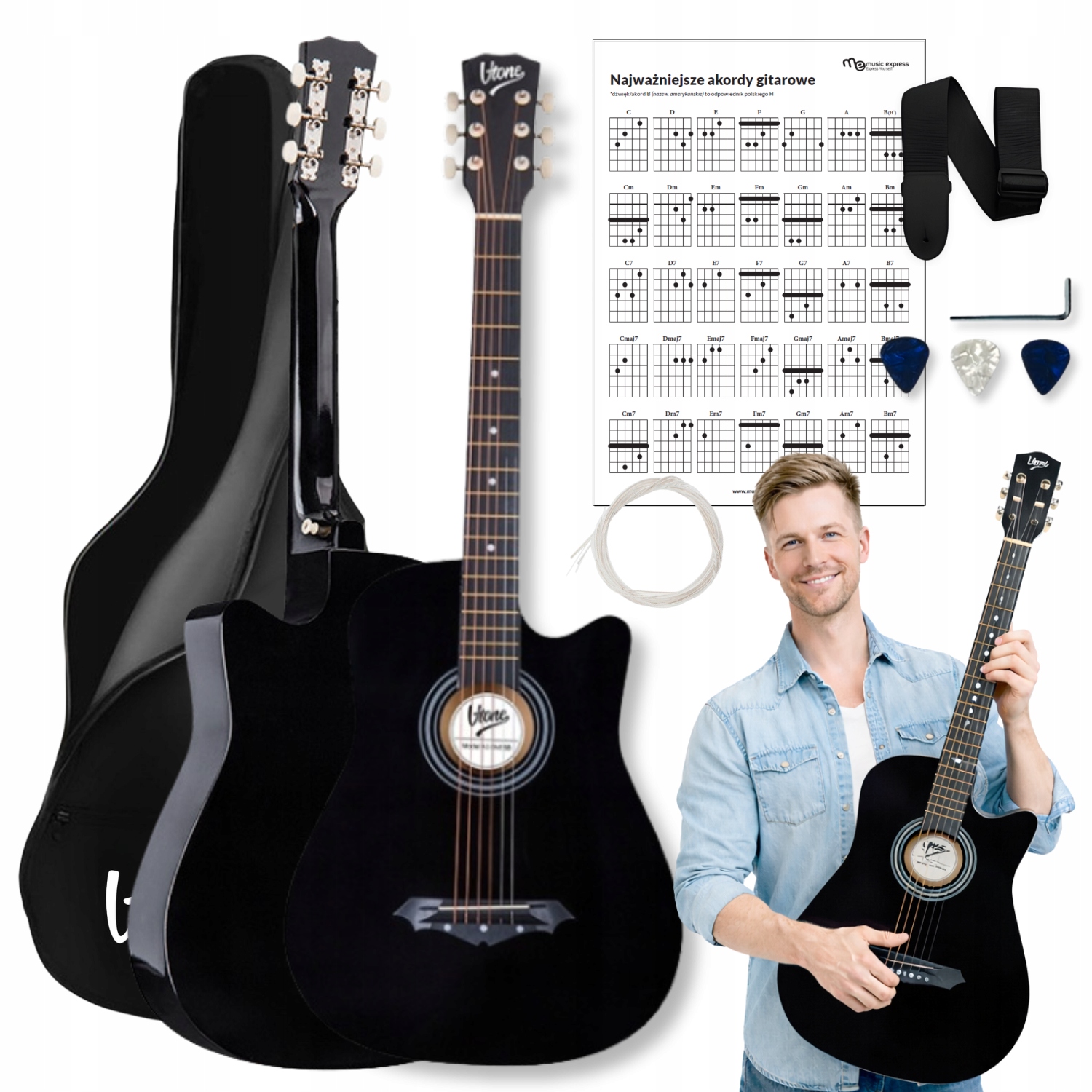 Kytara Klasická Akustická 4/4 Sada Kostek Pásek Struny Pouzdro Akordy