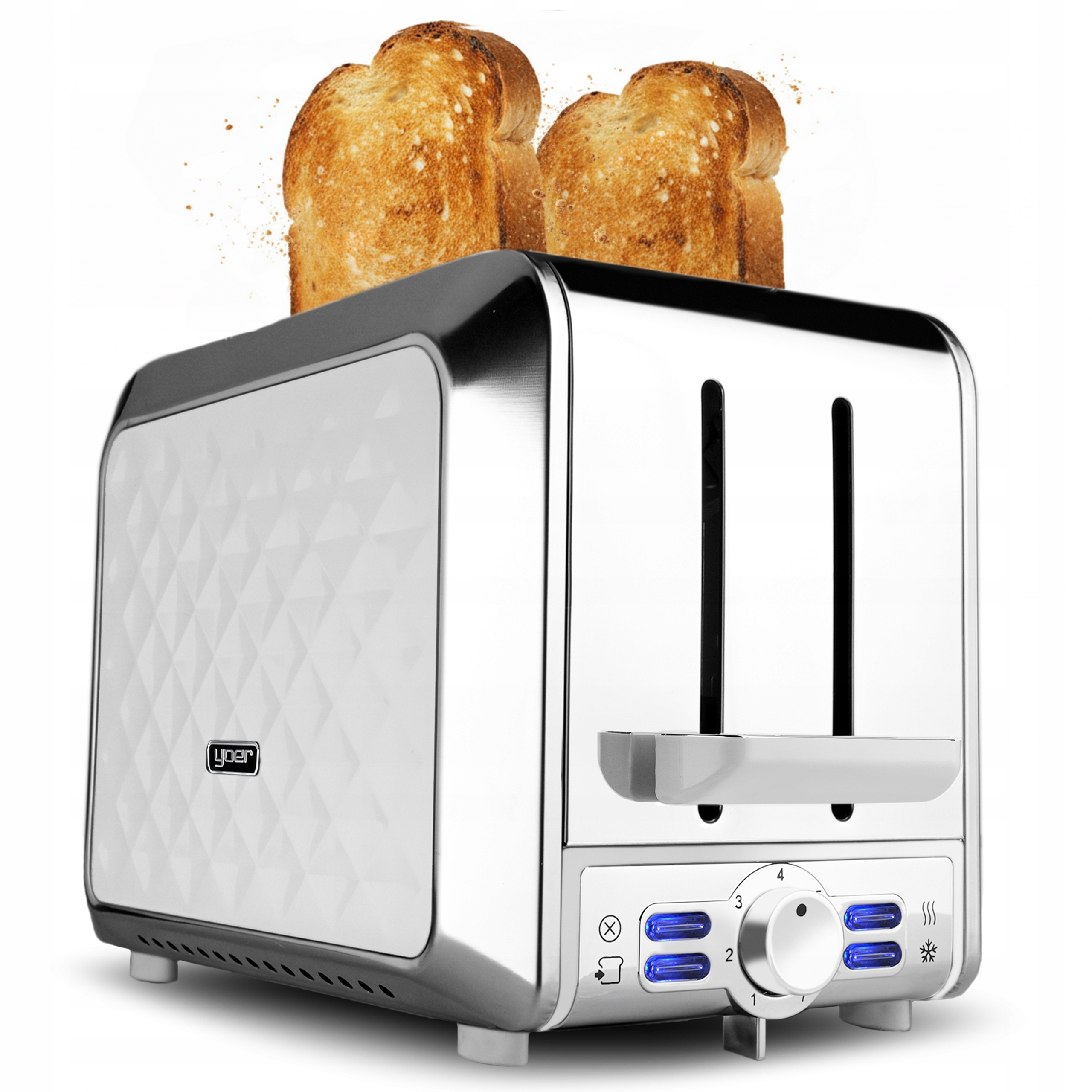 Toster Yoer 925W biały/chrom Tacka +Ruszt na bułki 7 poziomów +Rozmrażanie