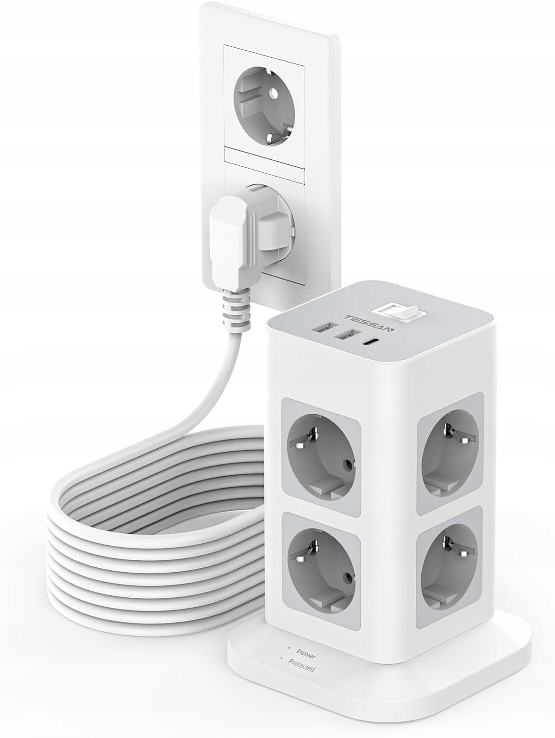 Kompaktní Stojací Lišta Tessan Rozbočovač 8xAC 2xUSB-A 1xUSB-C 3600W 10M