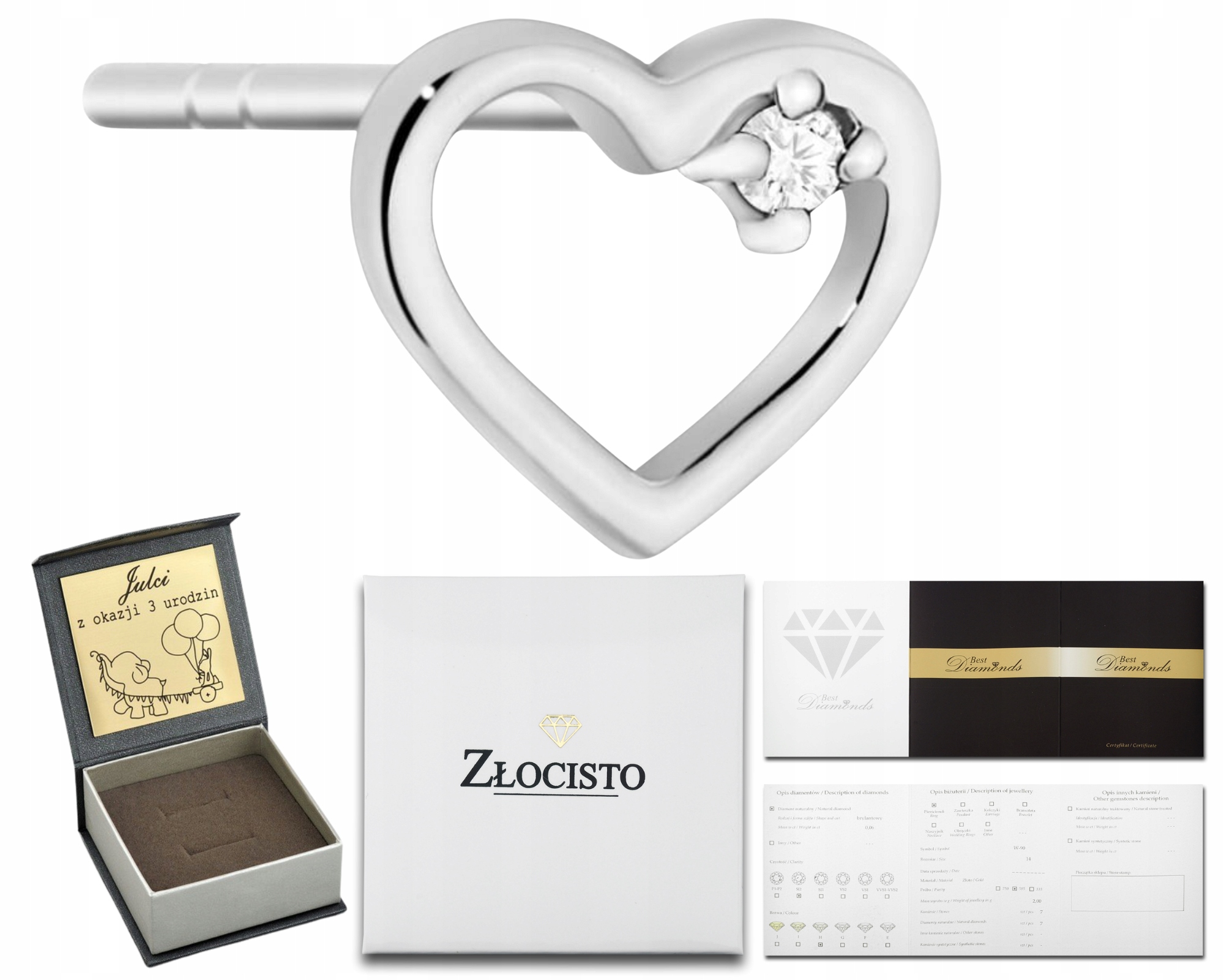 Bílé Zlato Náušnice Srdíčko Briliant 1 Kus Zlato 585 Dárek