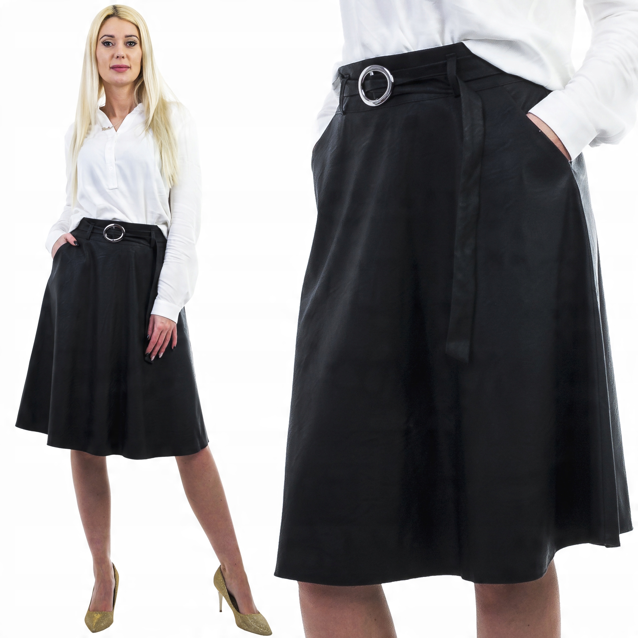 

D417 Spódnica Rozkloszowana Eko Skóra Czarna r. 38