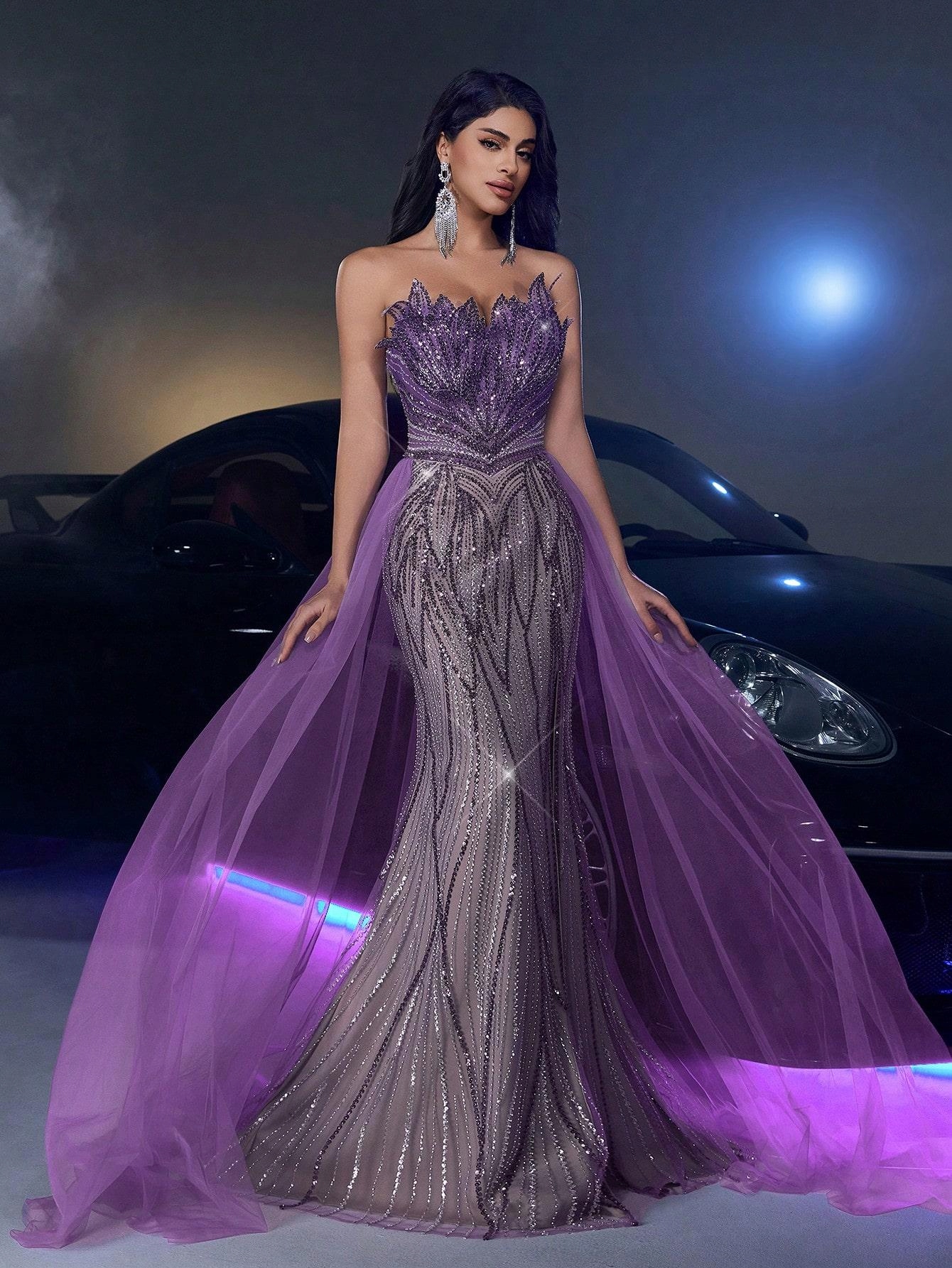 FC53102 Shein Plesové Bohatě Zdobené Šaty Maxi S Odhalenými Rameny (9) S