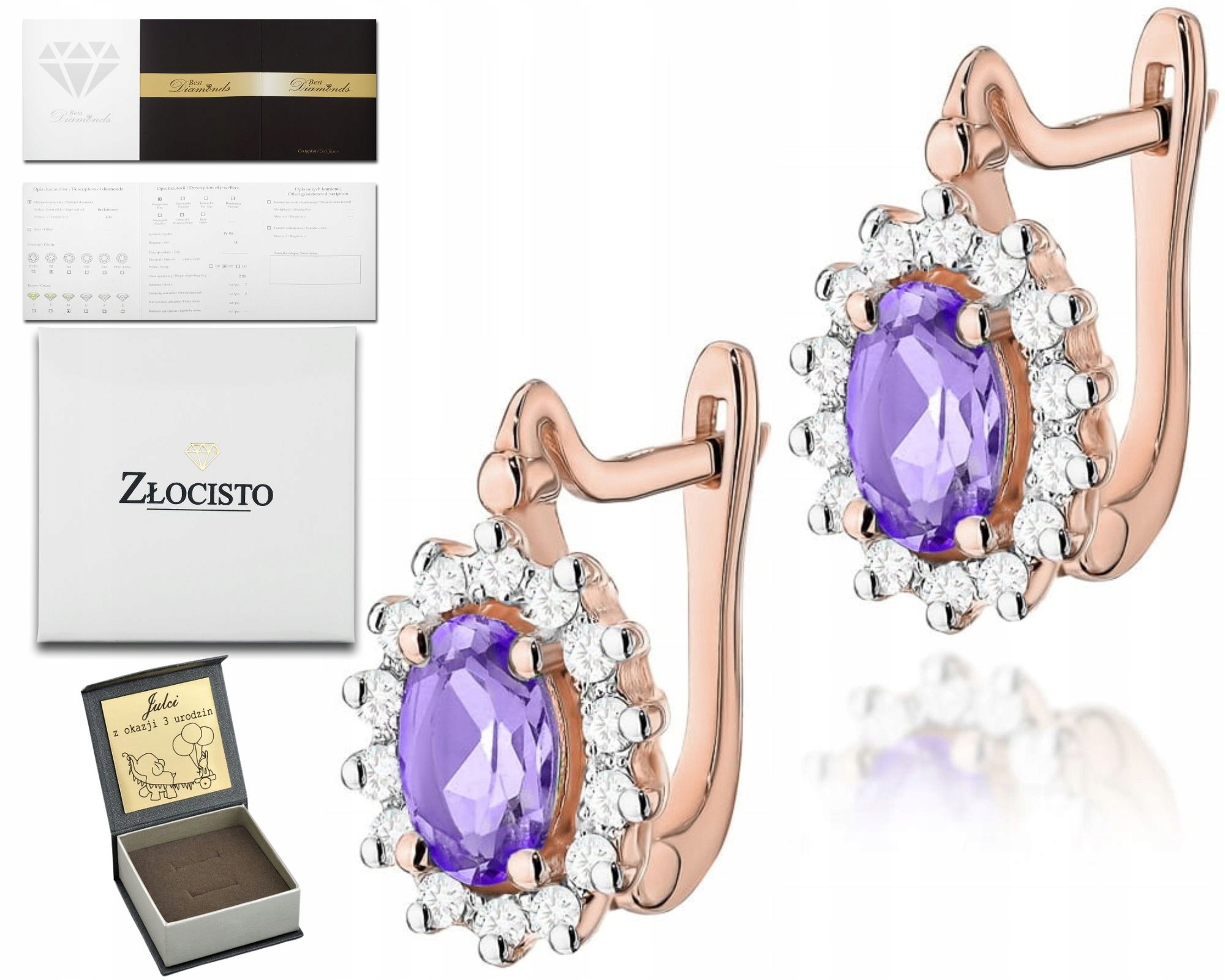 Růžové Zlato Náušnice S Diamanty A Ametystem 585 Anglický Dárek