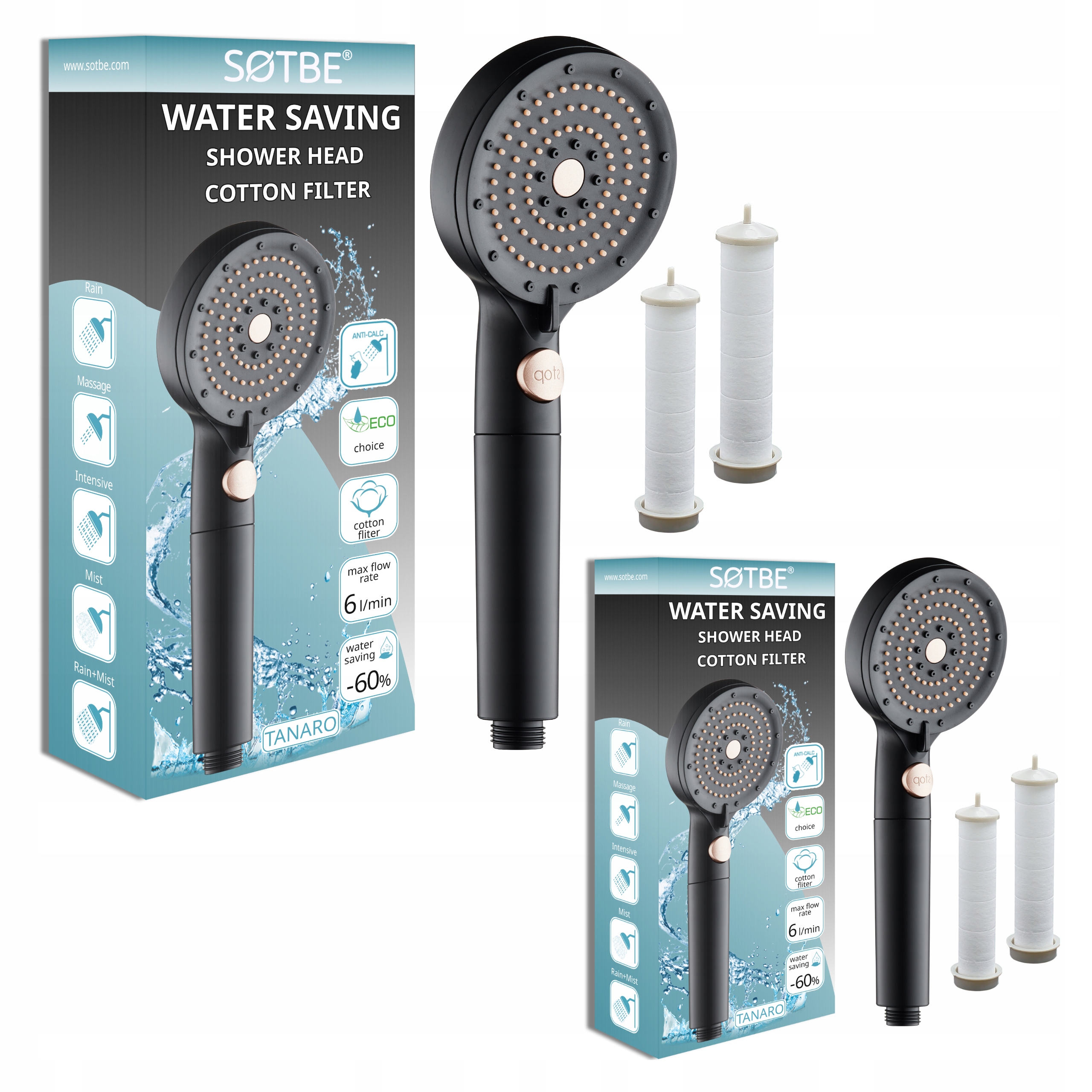 Sprchová Hlavice sprchová rukojeť černá s filtrem, 5 režimů Sotbe