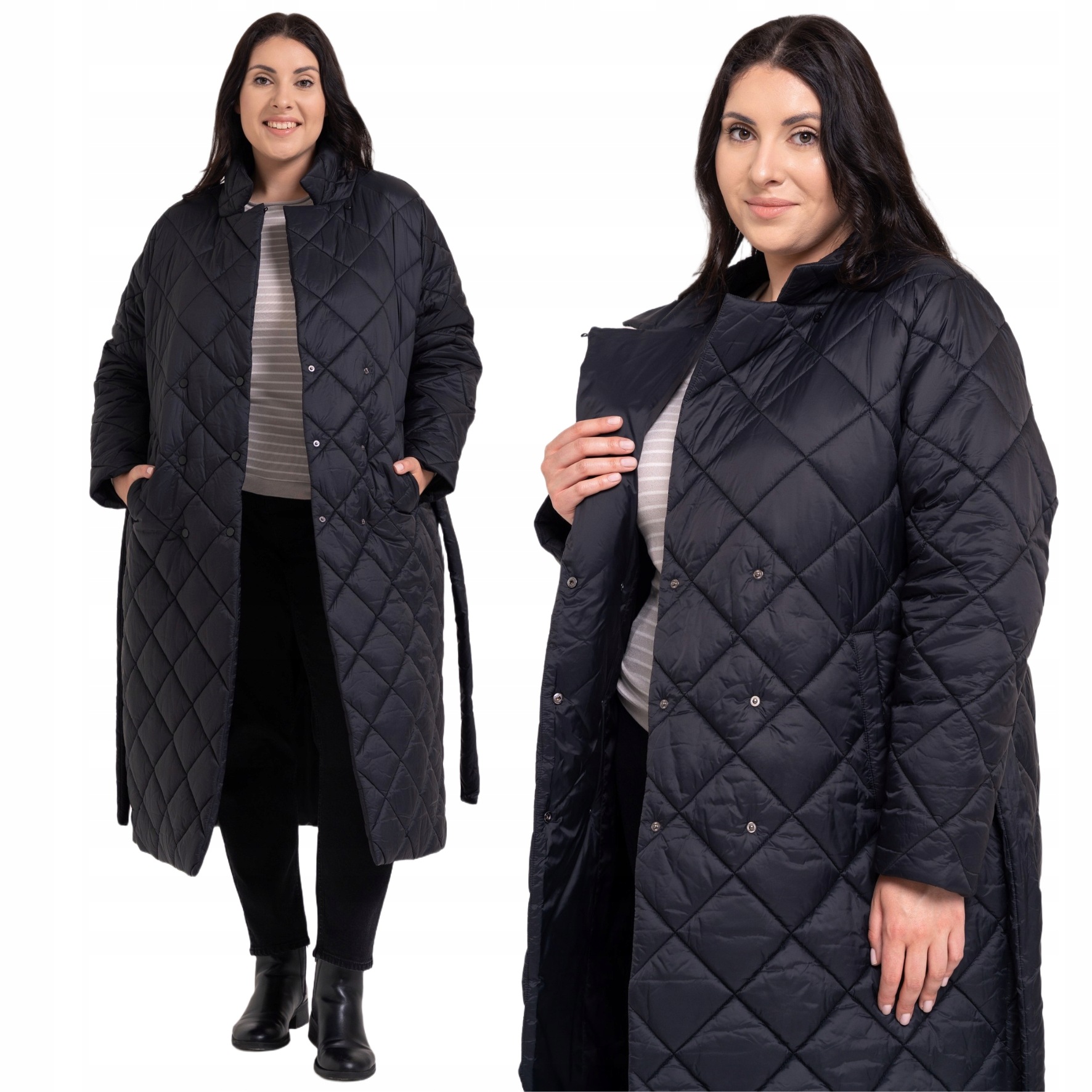 Dámský prošívaný saténový kabát Plus Size Moraj Pohodlný Černý Velikost XXL