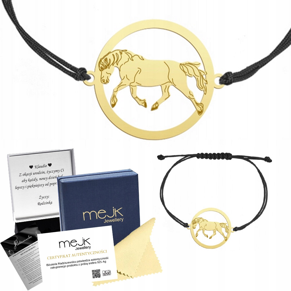 Zlatý náramek s koněm Haflinger 925 Šňůra Dárek Šperky Gravírování
