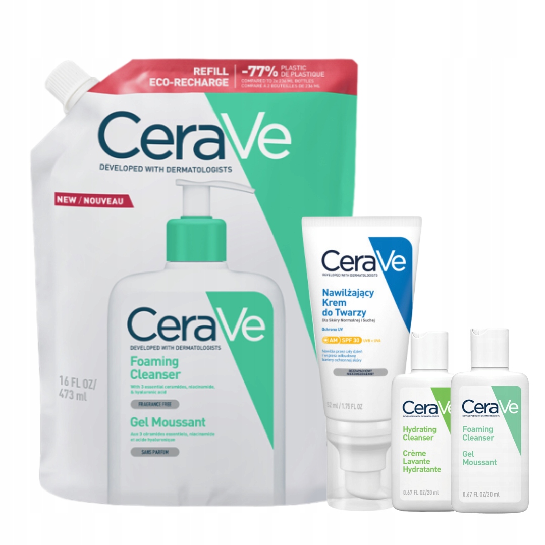 CeraVe Krem nawilżający do twarzy z Spf 30, Żel oczyszczający refill 473ml