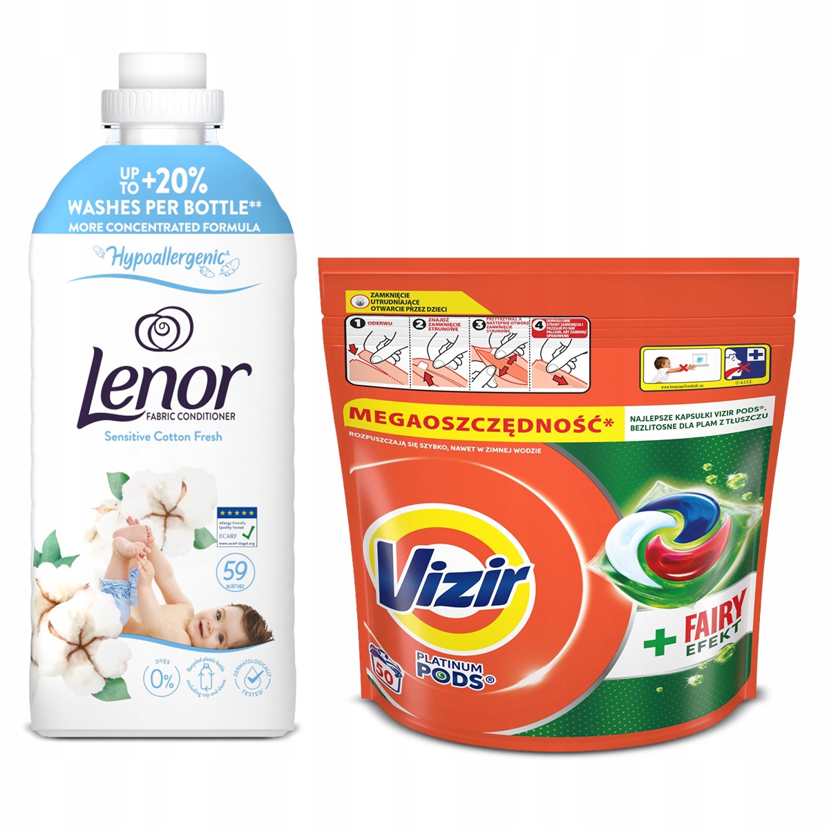 Vizir Fairy Effect Pods 50 prań Lenor Sensitive Cotton Fresh 59 prań