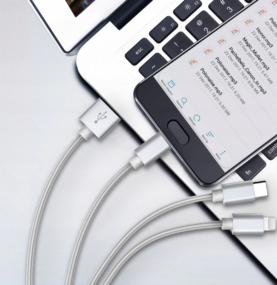 KABEL 3w1 DO ŁADOWARKA do IPHONE MICRO USB TYP-C Złącza USB - USB typ C / microUSB / Lightning