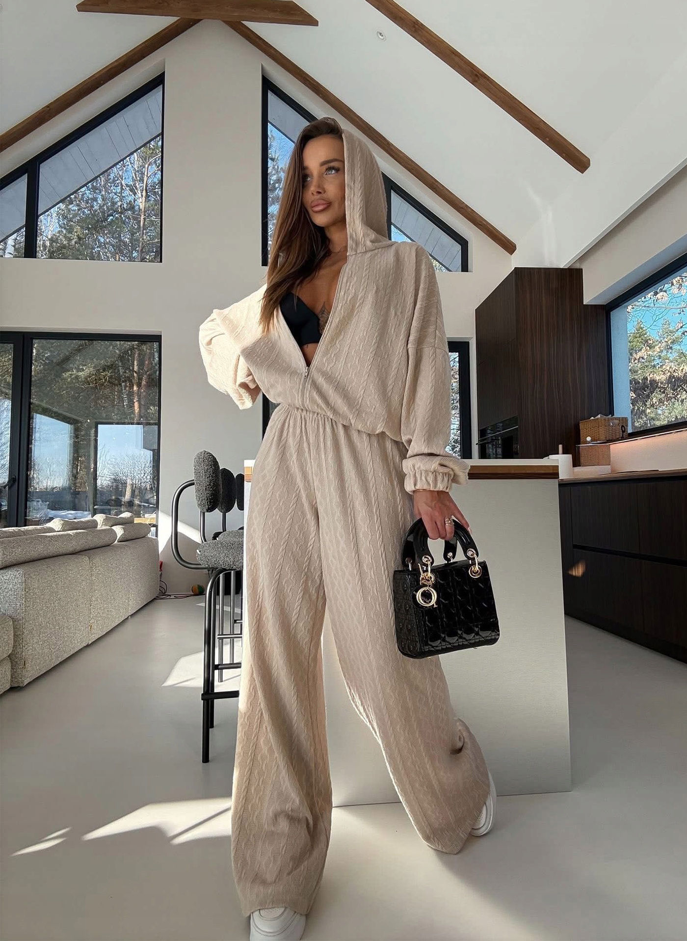 Dámský komplet Rozepínací mikina široké kalhoty Béžová copánková vazba