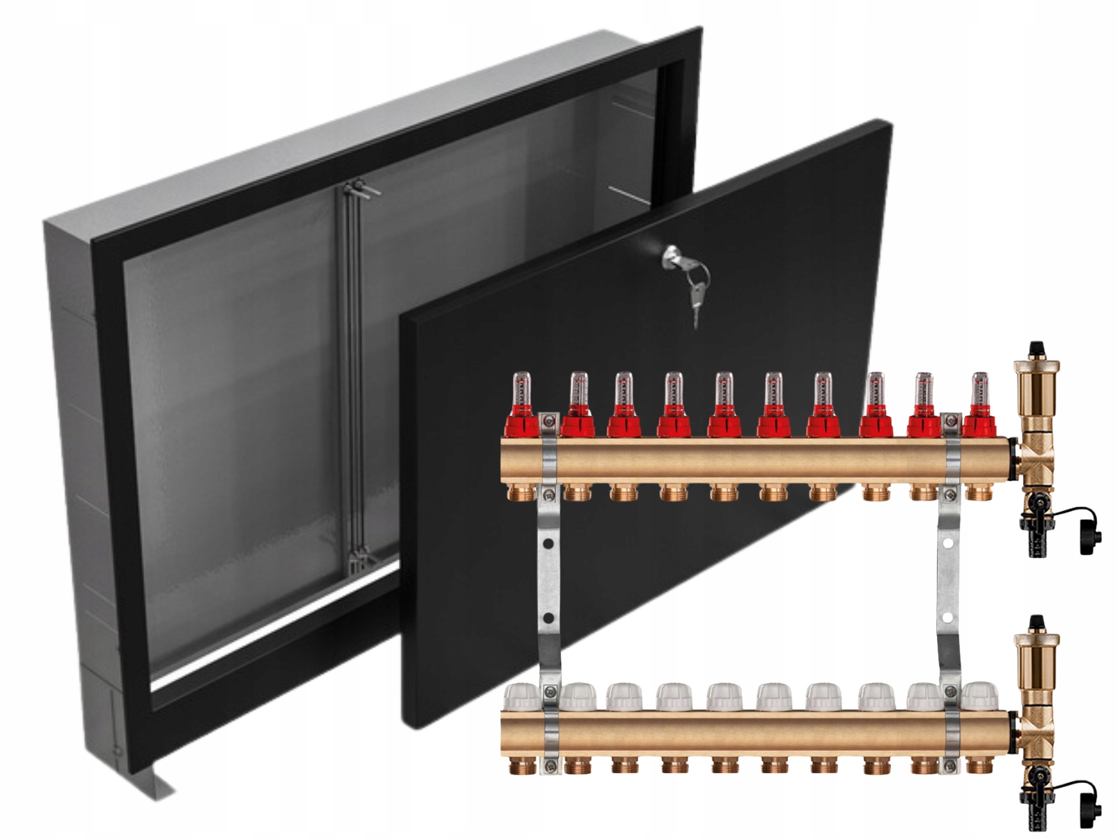 Mosazný Rozdělovač 10 Sekcí Podomítková Skříňka Černá