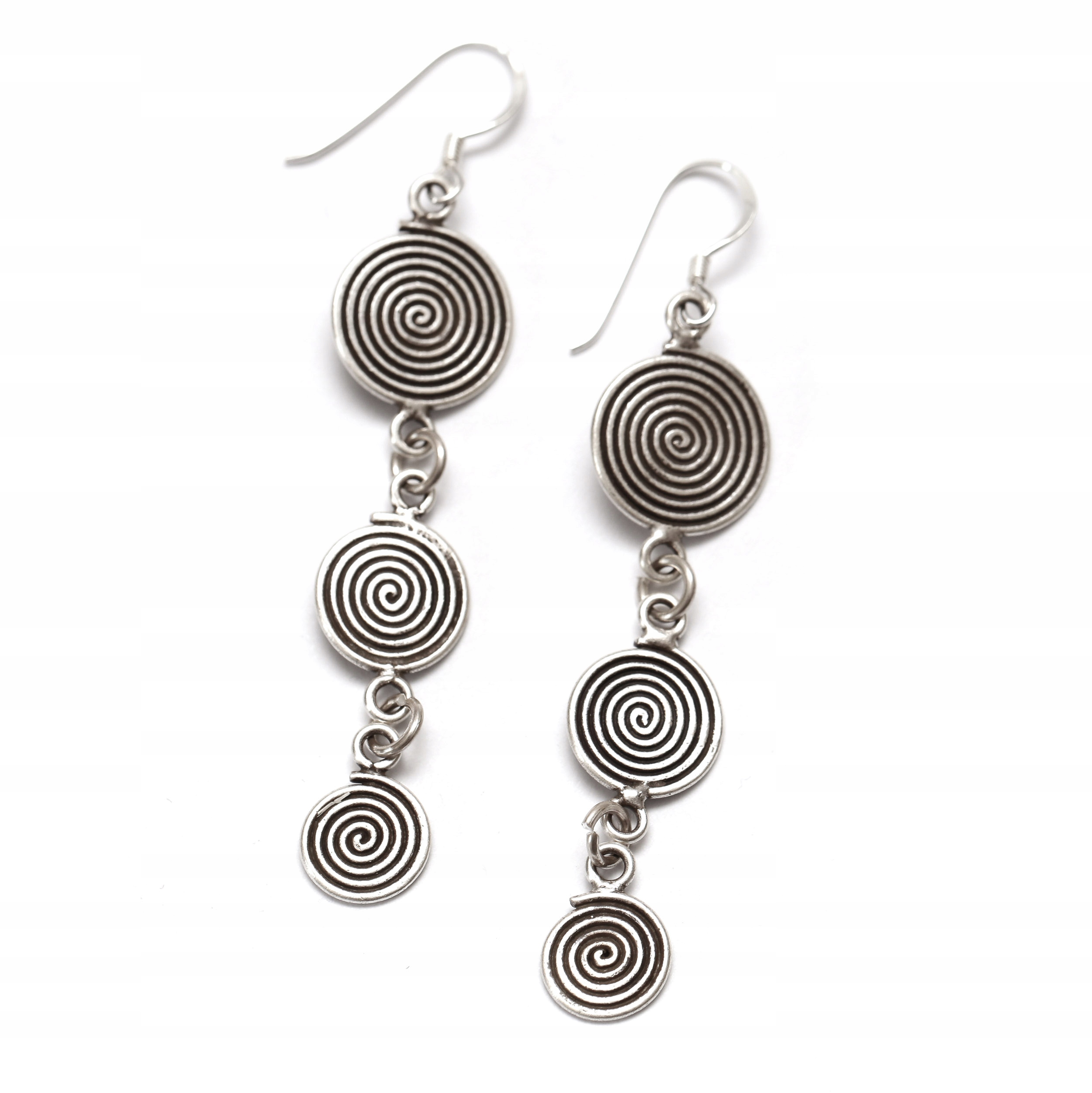 Długie Wiszące Kolczyki Ze Srebra Srebro 925 Etno Boho Trzy Spiralne Kółka