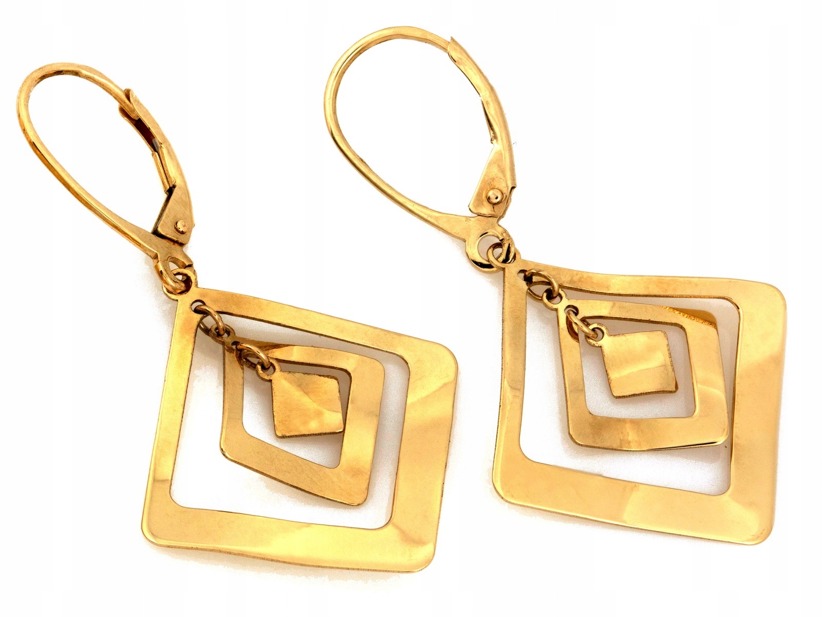 Zlaté náušnice závěsné 585 pohyblivé kosočtverce plechy čtverečky jako dárek 14k