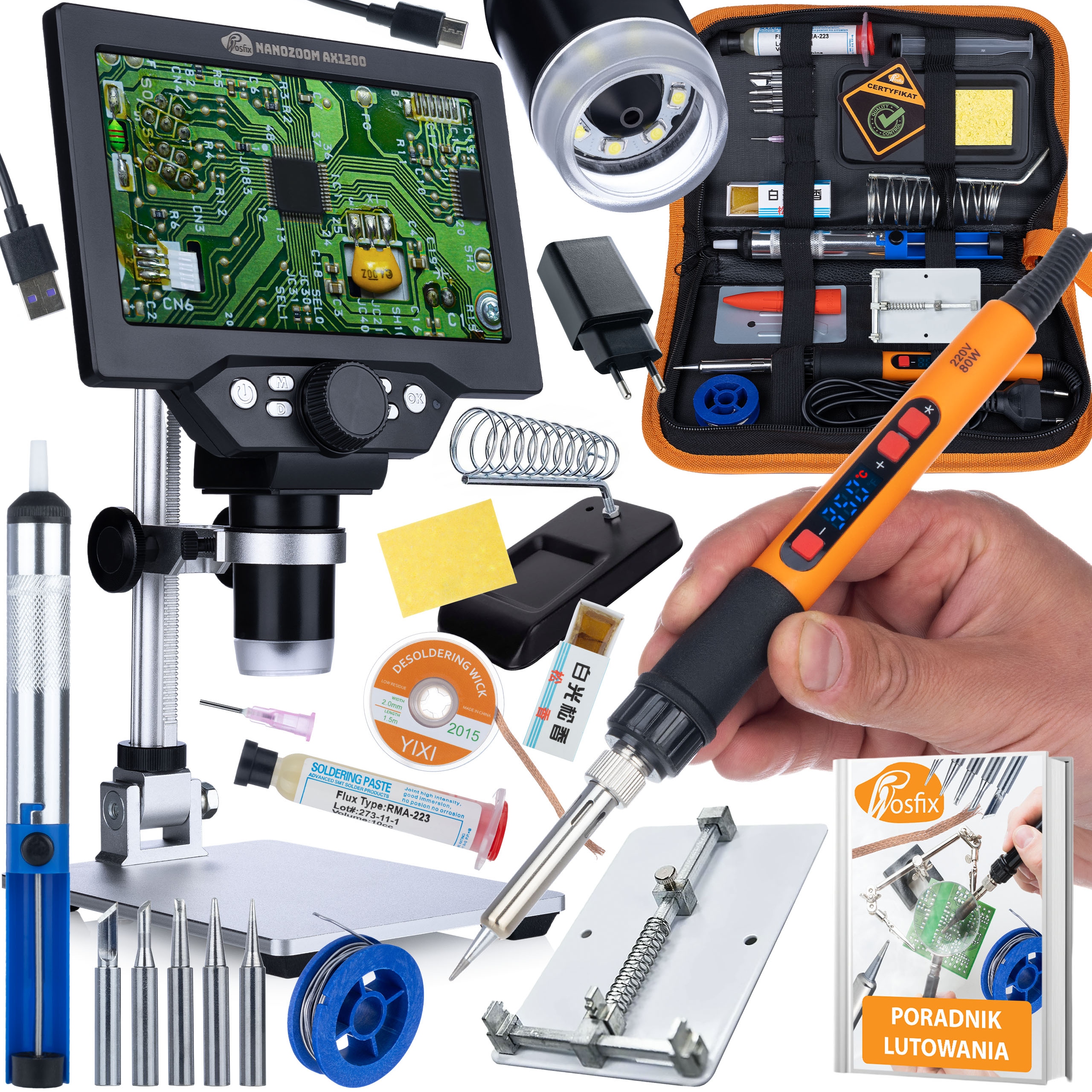 Pájecí Sada Rosfix Pro Smd Mikroskop 1200X Páječka Držák Pouzdro