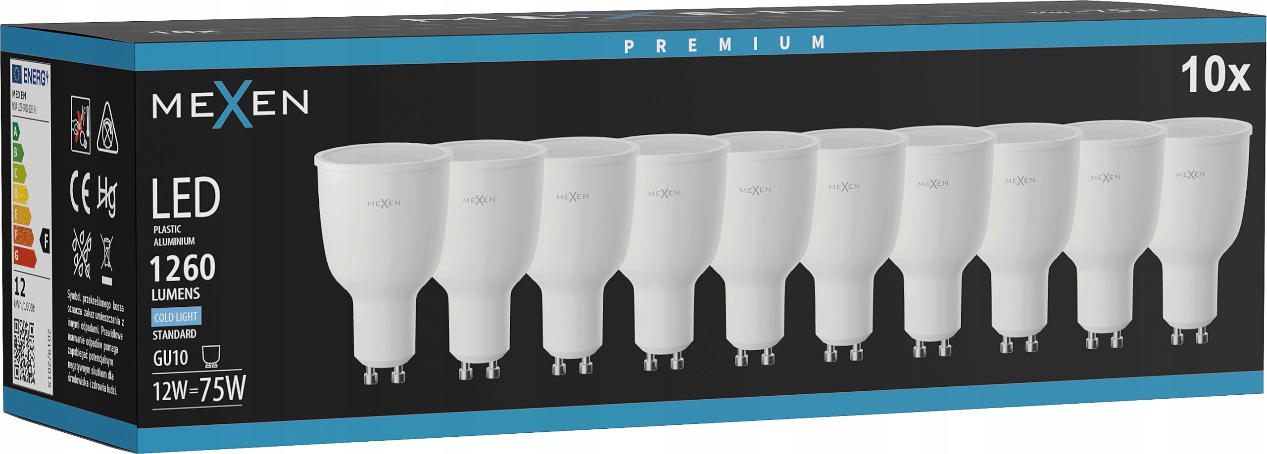 Mexen Nova 10X Led Žárovka GU10 12W Studená Bílá 6500K 1260 LM