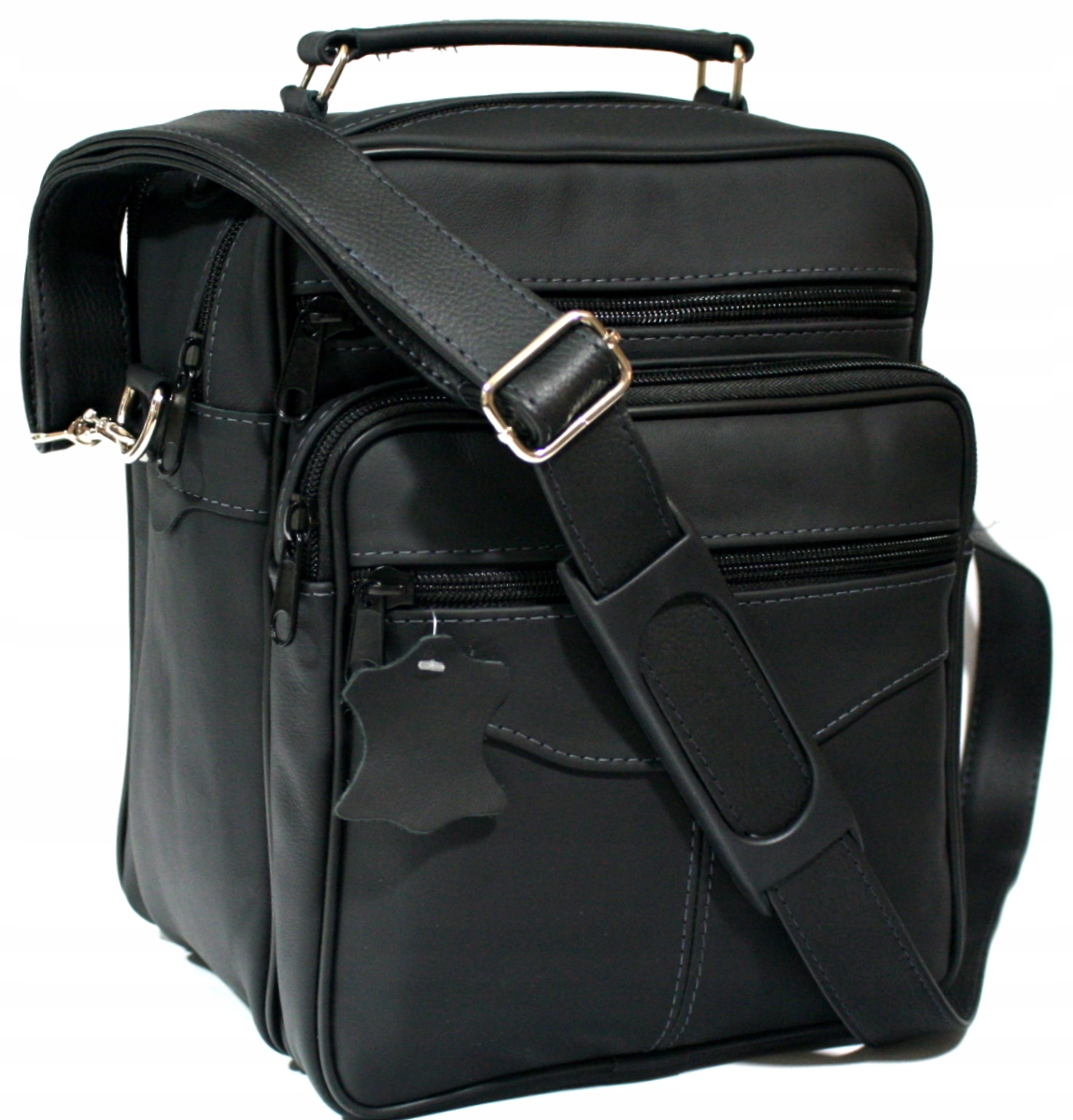 Kožená taška přes rameno s uchem černá dvě komory polské výroby