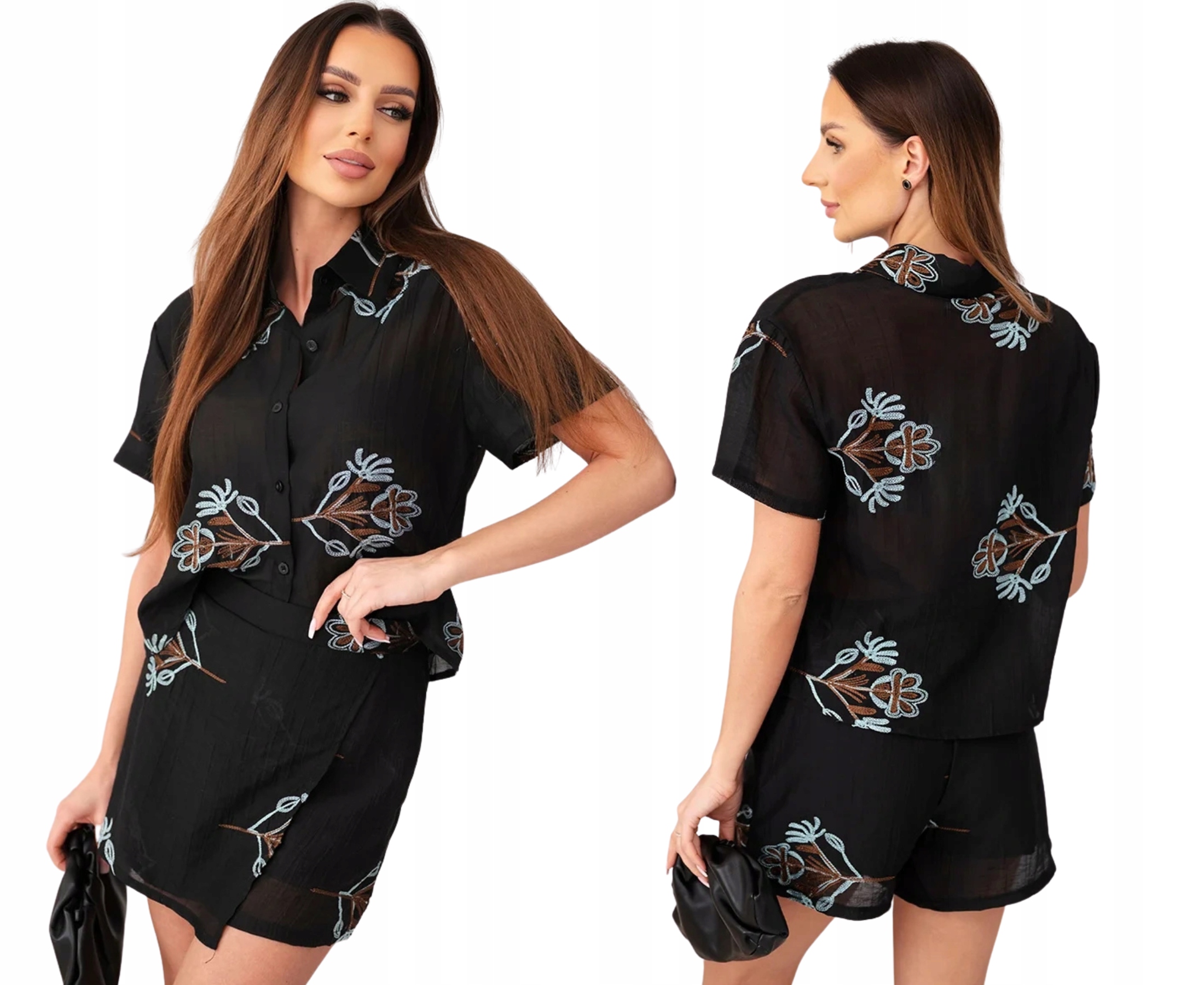 Černý komplet dámské košile s krátkým rukávem a sukně s kraťasy