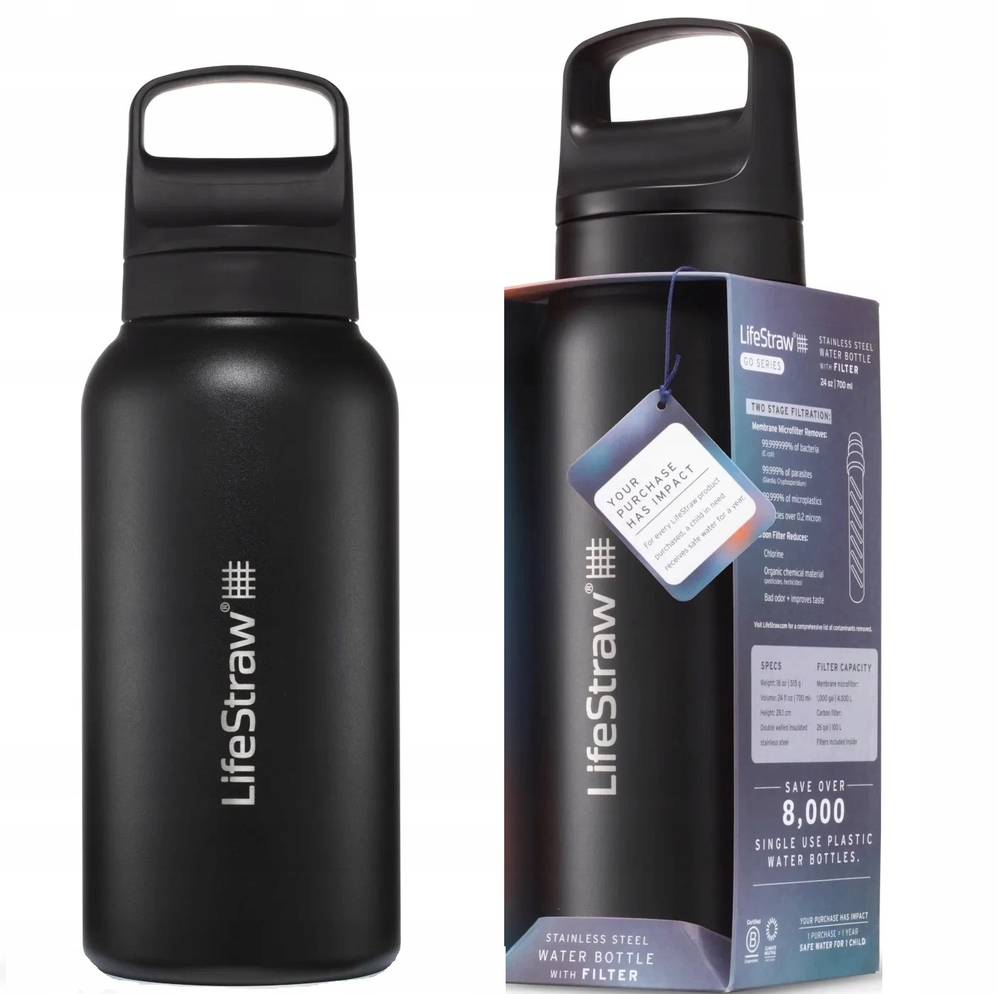 Kovová filtračná fľaša Fľaša Na Pitie na vodu LifeStraw Go 2.0 1L 1000ml čierna