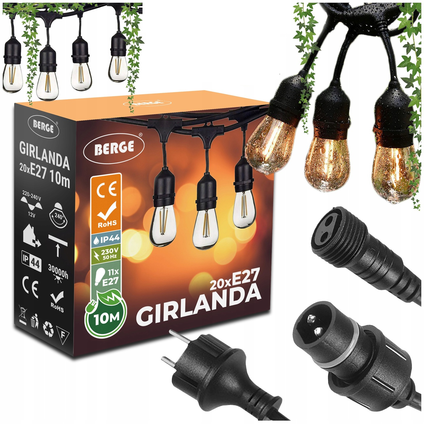 Led světelná girlanda 10 m Zahradní dekorace 20xE27 Komplet s žárovkami IP44