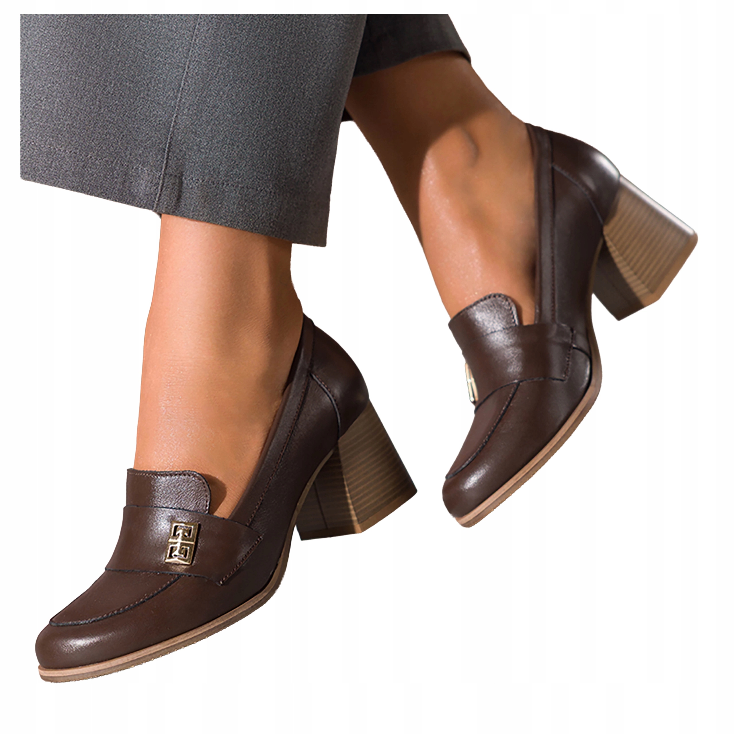 Čokoládové Mokasíny Dámské Zlatá Ozdoba Široký kožený blok r 36