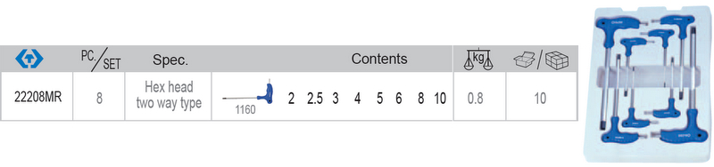 KPL IMBUSOW Z UCHWYTEM L 8szt HEX 2 10mm KING TONY Producent code 22208MR