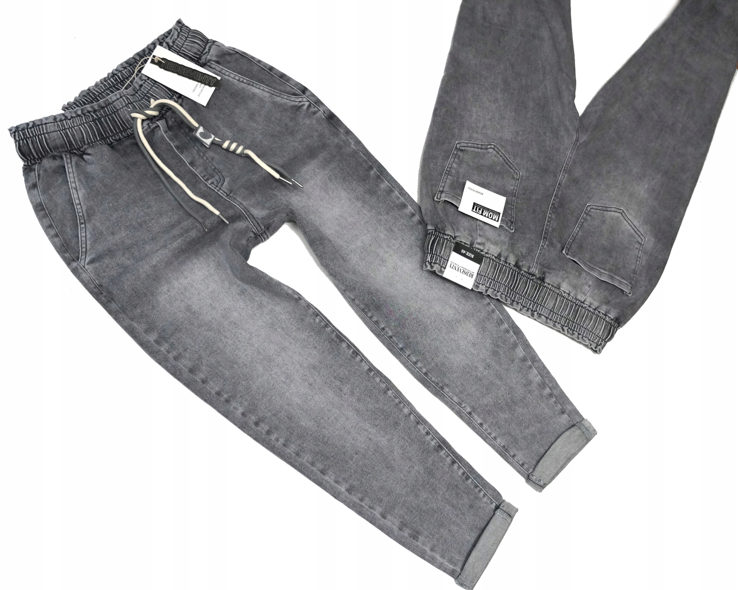 Redseventy Damskie Spodnie Jeansy Gumka W Pasie Mom Fit Szare 44