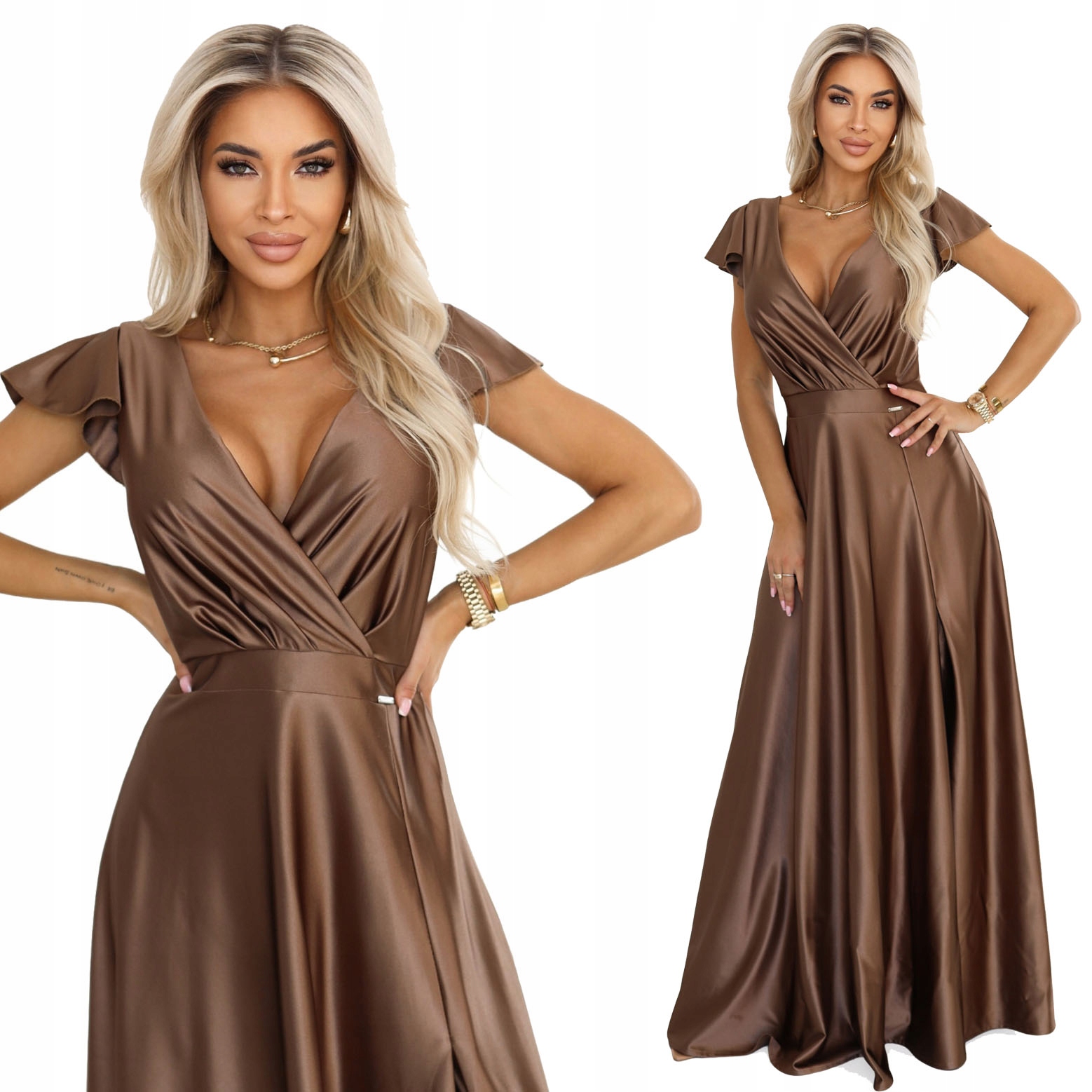 Efektní Dlouhá Maxi Saténová Plesová Sukně S Zavinovacím Výstřihem Mocha Xs