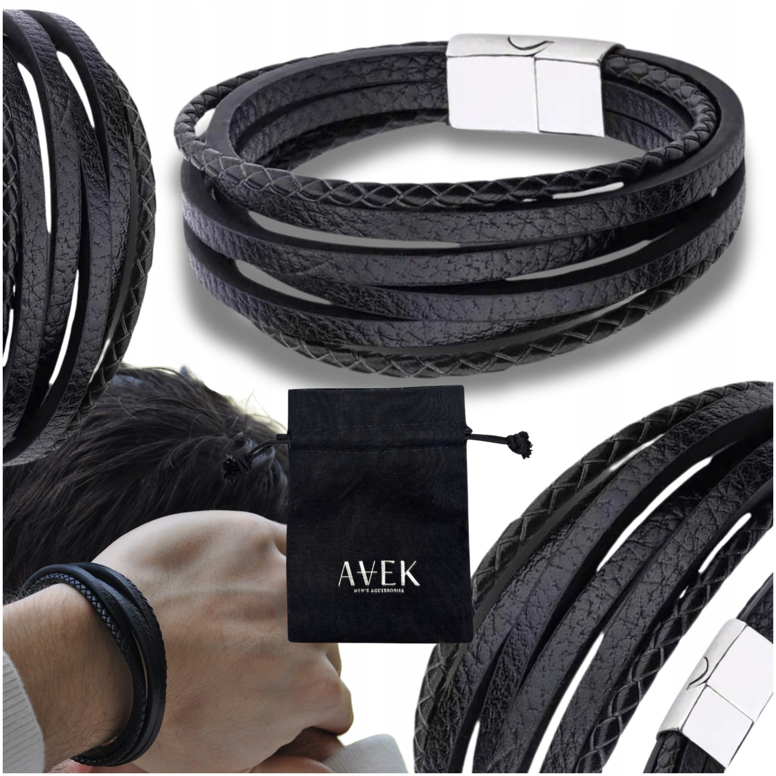 Pánský Náramek Z Černé Stříbrné Kůže, Ocel Pro Něj 21 CM