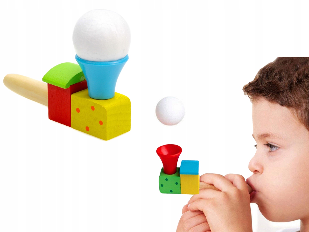 

Drewniana Dmuchawka Logopedyczna z Piłką Dmuchajka